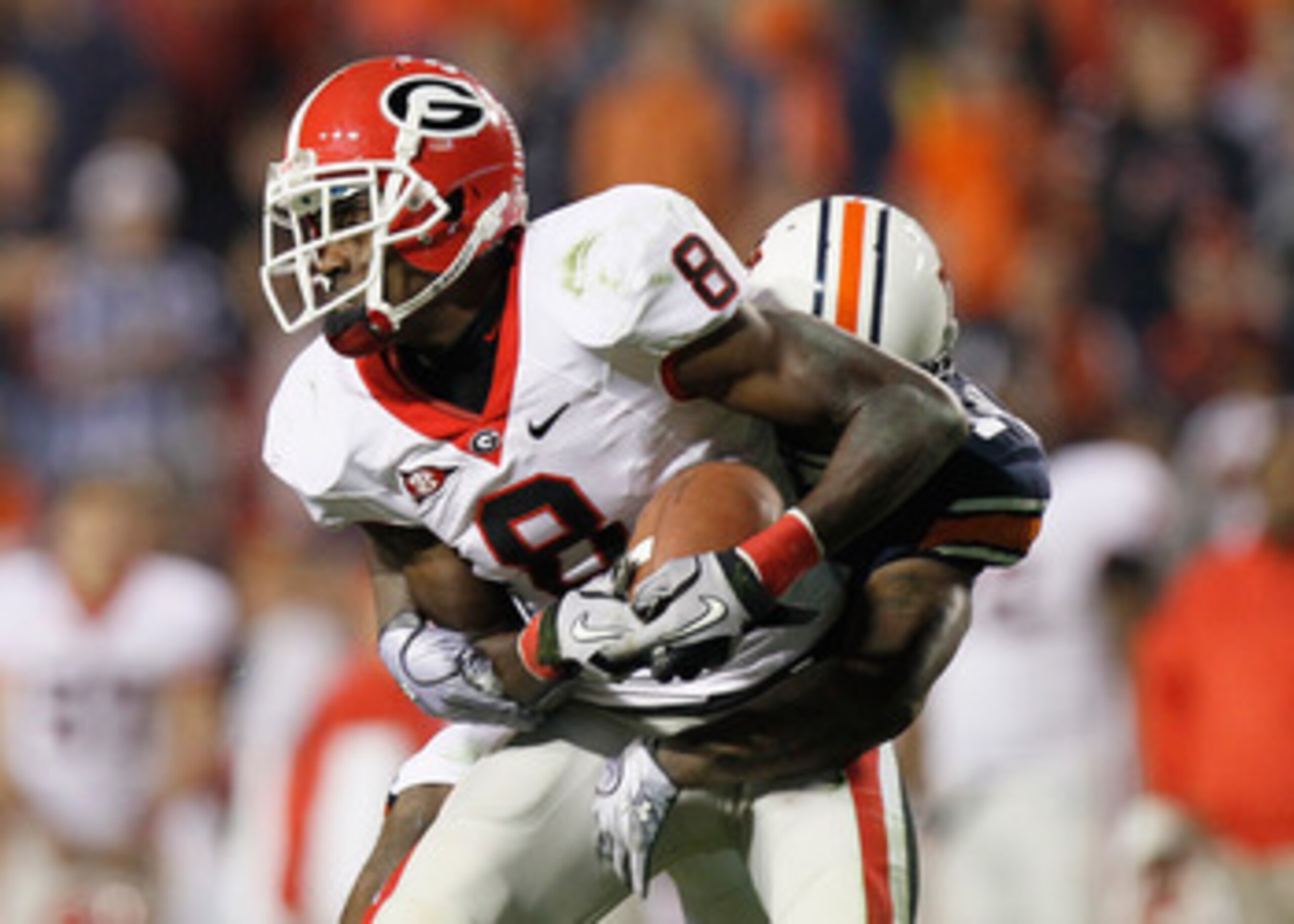 AUBURN, AL - NOVEMBER 13: A.J. Green #8 of the Georgia Bulldogs against the Auburn Tigers at Jordan-Hare Stadium on November 13, 2010 in Auburn, Alabama. (Photo by Kevin C. Cox/Getty Images) AUBURN, AL - NOVEMBER 13: A.J. Green #8 of the Georgia Bulldogs against the Auburn Tigers at Jordan-Hare Stadium on November 13, 2010 in Auburn, Alabama. (Photo by Kevin C. Cox/Getty Images)