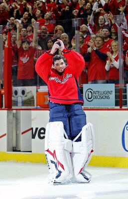 WASHINGTON , DC - APRIL 23:  Michal Neuvirth #30 of the Washington Capitals celebrates being named the first star of the game against the New York Rangers in Game Five of the Eastern Conference Quarterfinals during the 2011 NHL Stanley Cup Playoffs at the