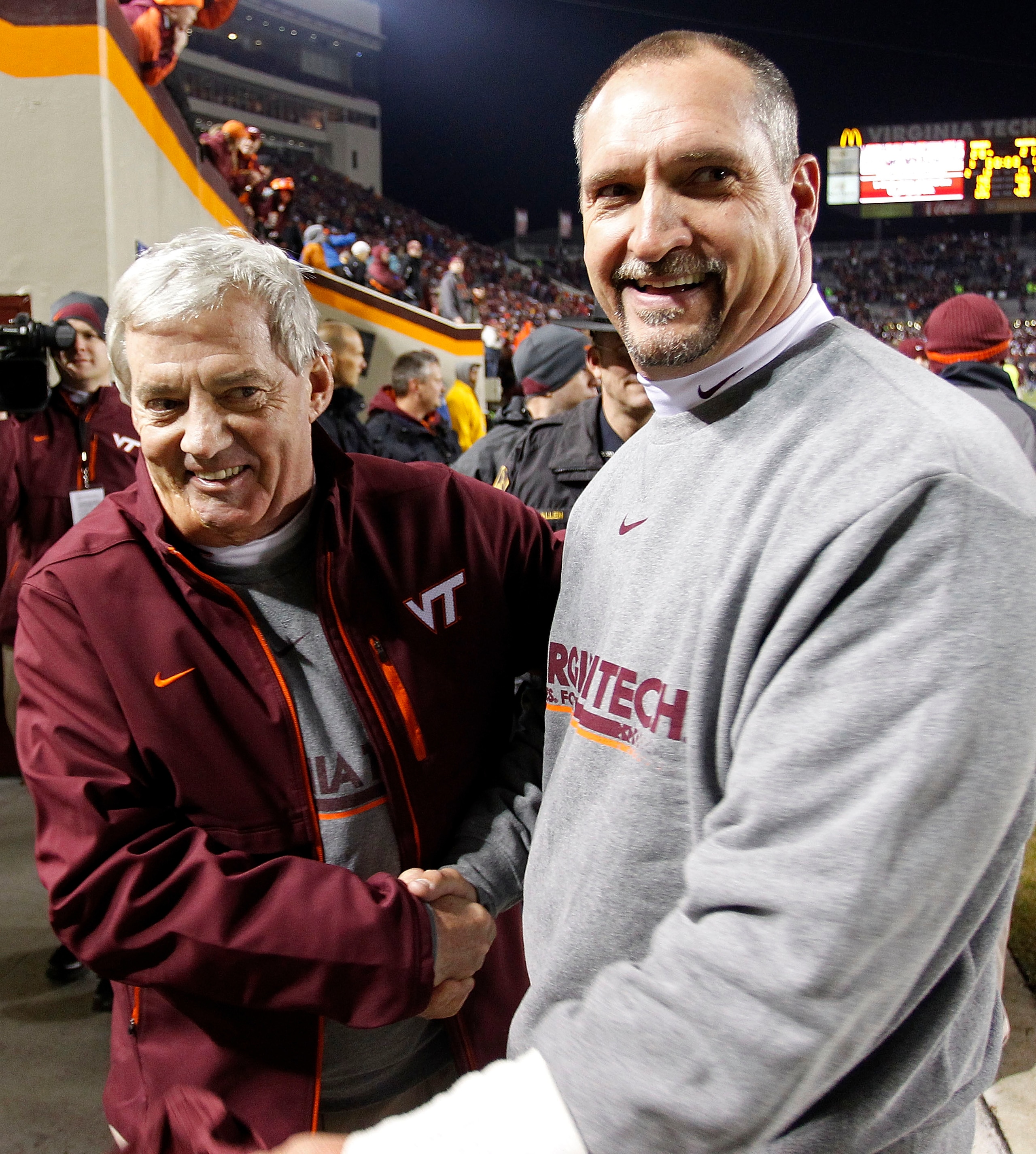 BLACKSBURG, VA - NOVEMBER 04: Head coach Frank Beamer (L) of the Virginia Tech Hokies celebrates with defensive coordinator Bud Foster (R) after the Hokies defeated the Georgia Tech Yellow Jackets 28-21 at Lane Stadium on November 4, 2010 in Blacksburg, V BLACKSBURG, VA - NOVEMBER 04: Head coach Frank Beamer (L) of the Virginia Tech Hokies celebrates with defensive coordinator Bud Foster (R) after the Hokies defeated the Georgia Tech Yellow Jackets 28-21 at Lane Stadium on November 4, 2010 in Blacksburg, V