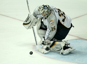 ANAHEIM - APRIL 22:  Goalie Pekka Rinne #35 of the Nashville Predators makes a save against the Anaheim Ducks in Game Five of the Western Conference Quarterfinals during the 2011 NHL Stanley Cup Playoffs at Honda Center on April 22, 2011 in Anaheim, Calif