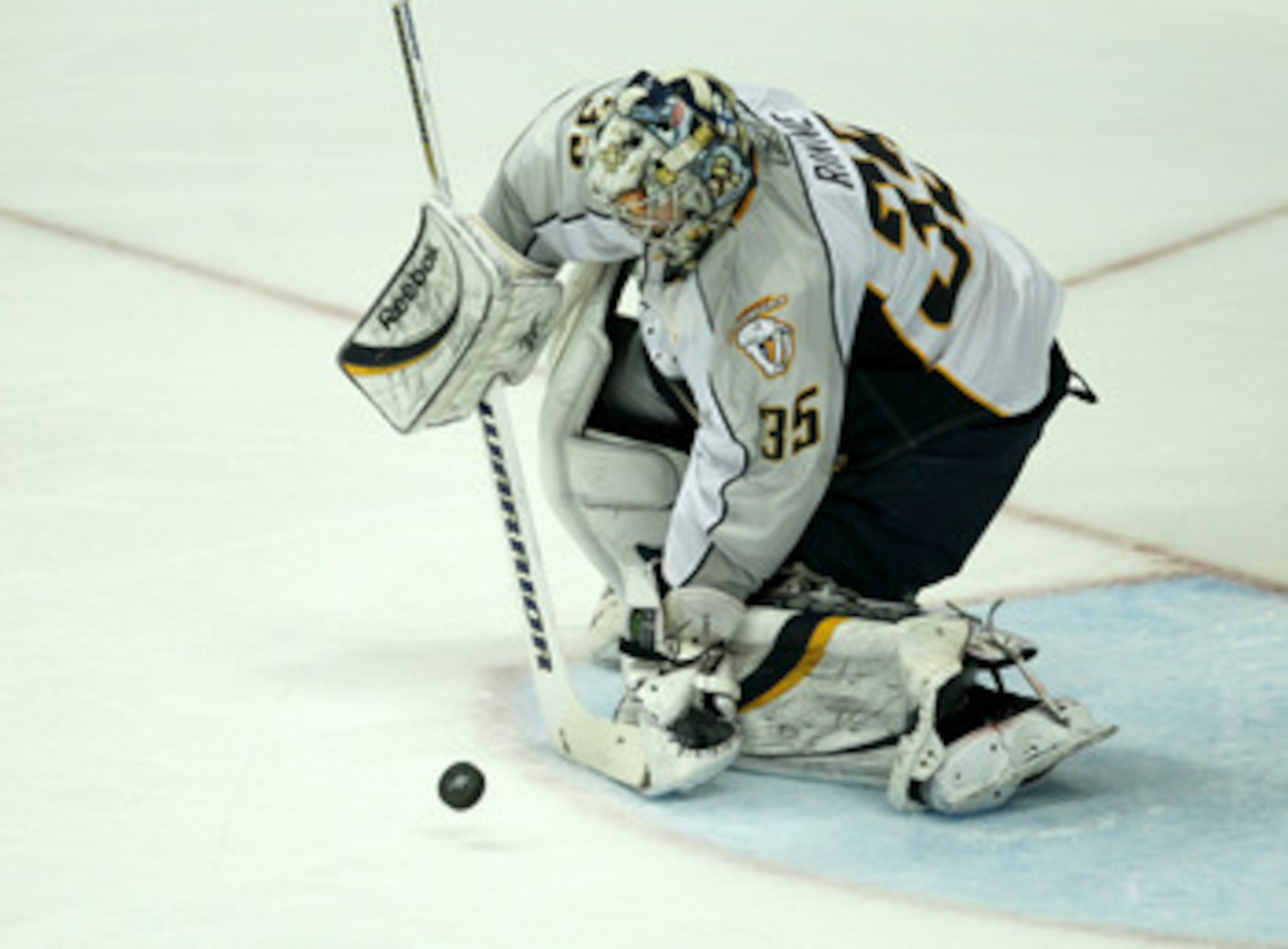 ANAHEIM - APRIL 22:  Goalie Pekka Rinne #35 of the Nashville Predators makes a save against the Anaheim Ducks in Game Five of the Western Conference Quarterfinals during the 2011 NHL Stanley Cup Playoffs at Honda Center on April 22, 2011 in Anaheim, Calif