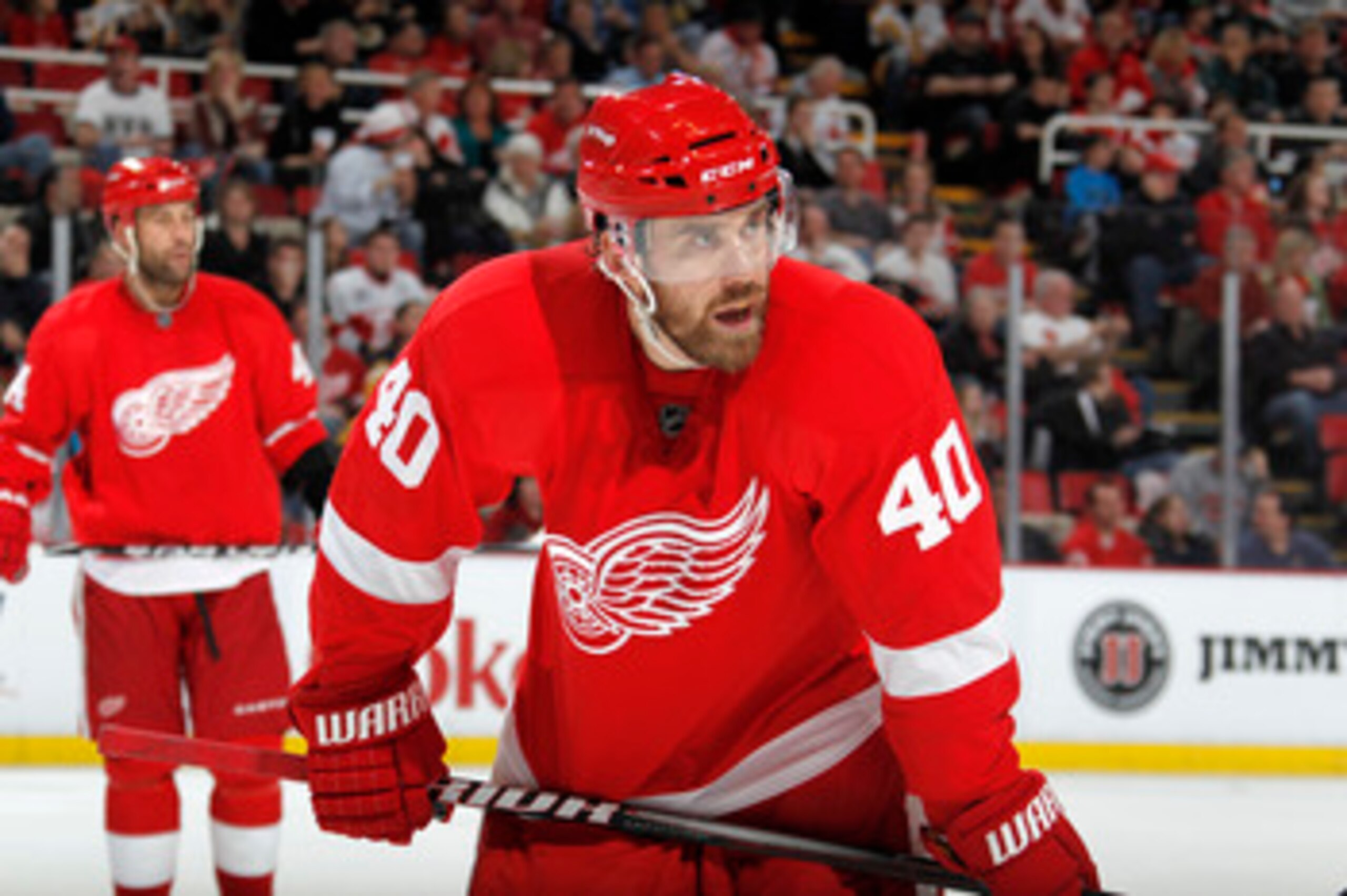 DETROIT, MI - FEBRUARY 13:  Henrik Zetterberg #40 of the Detroit Red Wings looks on the Boston Bruins on February 13, 2011 in Detroit, Michigan.  (Photo by Gregory Shamus/Getty Images)