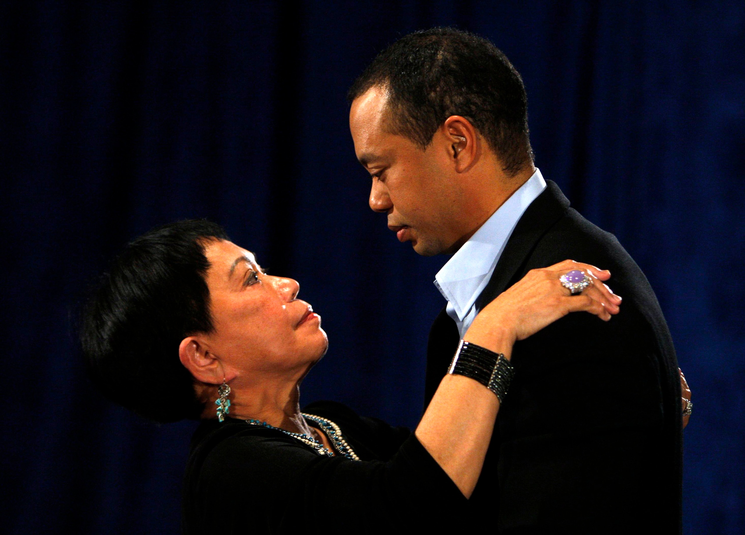 PONTE VEDRA BEACH, FL - FEBRUARY 19:  Tiger Woods talks his mother Kultida following a statement from the Sunset Room on the second floor of the TPC Sawgrass, home of the PGA Tour on February 19, 2010 in Ponte Vedra Beach, Florida. Woods publicly admitted