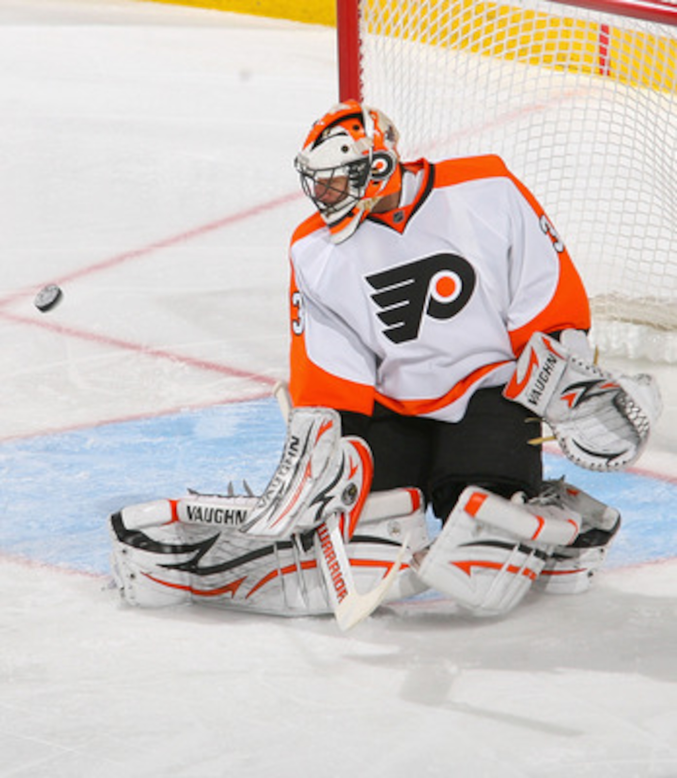 BUFFALO, NY - APRIL 20: Brian Boucher #33 of the Philadelphia Flyers makes a save against the Buffalo Sabres  in Game Four of the Eastern Conference Quarterfinals during the 2011 NHL Stanley Cup Playoffs at HSBC Arena at HSBC Arena on April 20, 2011 in Bu