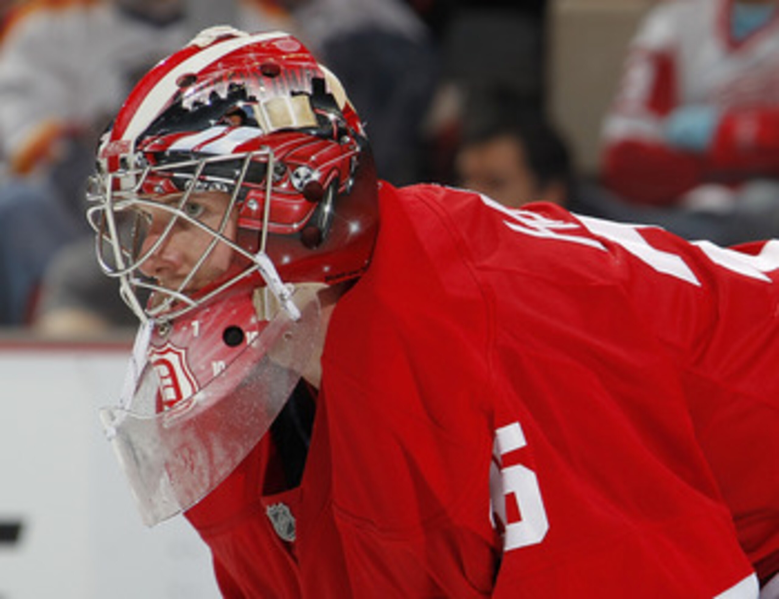 DETROIT, MI - APRIL 16: Jimmy Howard #35 of the Detroit Red Wings watches the puck while playing the Phoenix Coyotes in Game Two of the Western Conference Quarterfinals during the 2011 Stanley Cup Playoffs at Joe Louis Arena on April 16, 2011 in Detroit,