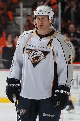 ANAHEIM, CA - APRIL 15:  Ryan Suter #20 of the Nashville Predators looks on prior to the start of Game Two of the Western Conference Quarterfinals against the Anaheim Ducks during the 2011 NHL Stanley Cup Playoffs at Honda Center on April 15, 2011 in Anah