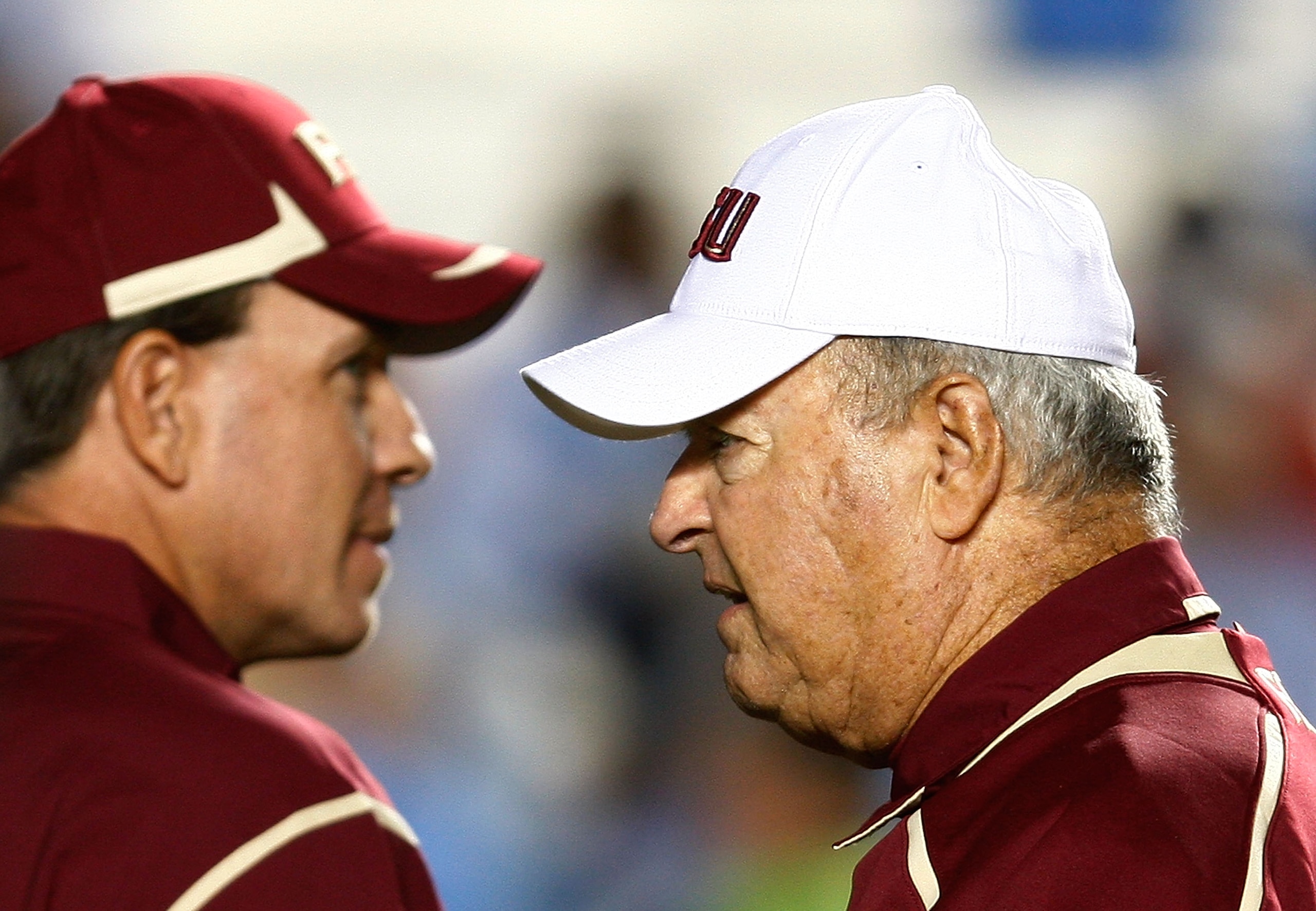 CHAPEL HILL, NC - OCTOBER 22: Florida State Seminoles Head Coach Bobby Bowden, (R) and Offensive Coordinator Jimbo Fisher watch the pregame action prior to the start of the game against the North Carolina Tar Heels at Kenan Stadium on October 22, 2009 in CHAPEL HILL, NC - OCTOBER 22: Florida State Seminoles Head Coach Bobby Bowden, (R) and Offensive Coordinator Jimbo Fisher watch the pregame action prior to the start of the game against the North Carolina Tar Heels at Kenan Stadium on October 22, 2009 in