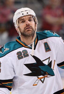 GLENDALE, AZ - MARCH 26:  Dan Boyle #22 of the San Jose Sharks warms up before the NHL game against the Phoenix Coyotes at Jobing.com Arena on March 26, 2011 in Glendale, Arizona.  The Sharks defeated the Coyotes 4-1.  (Photo by Christian Petersen/Getty I