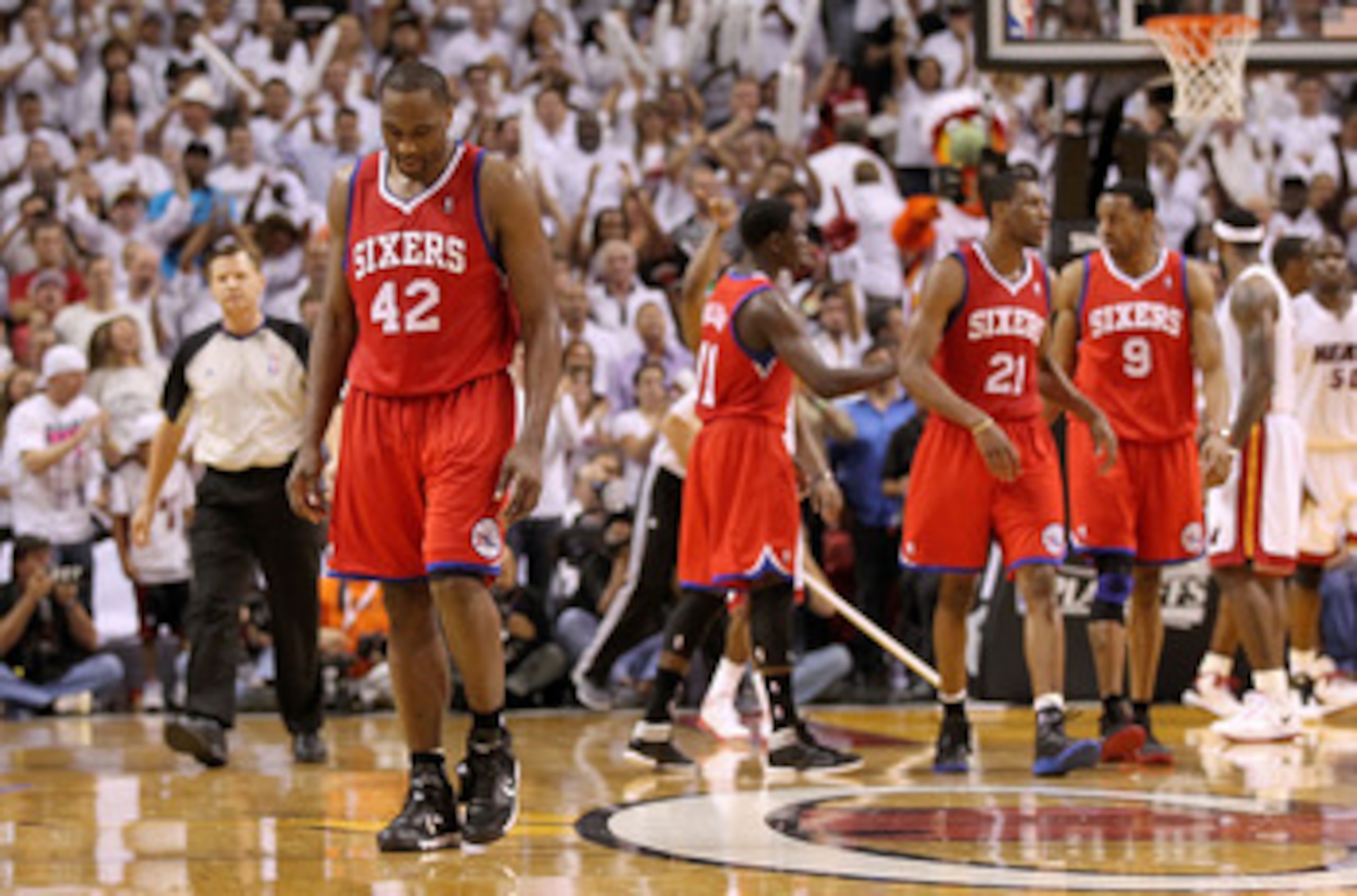 MIAMI, FL - APRIL 27:  Elton Brand #42 of the Philadelphia 76ers walks off the floor after fouling out during game five of the Eastern Conference Quarterfinals in the 2011 NBA Playoffs against the Miami Heat at American Airlines Arena on April 27, 2011 in
