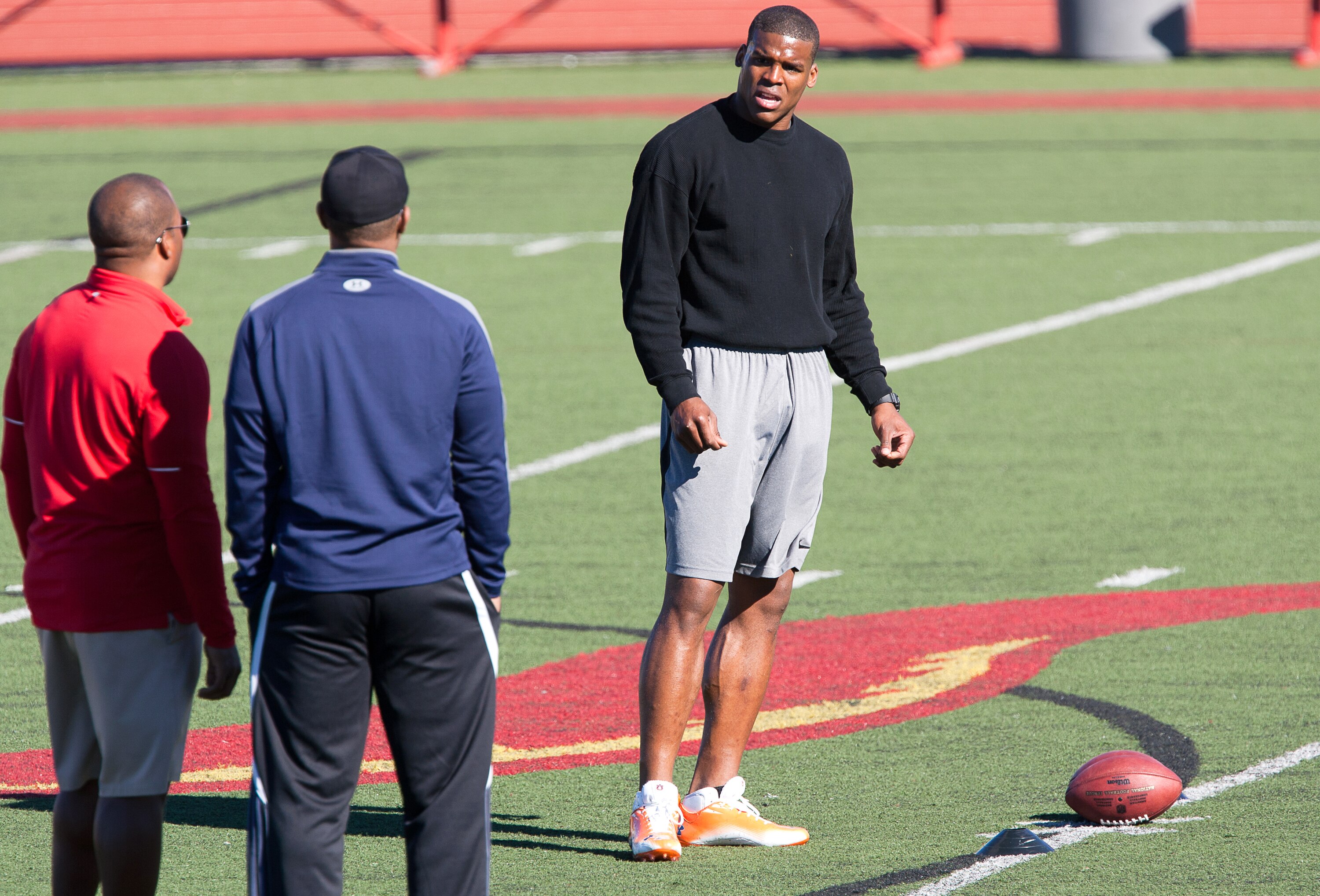 SAN DIEGO, CA - FEBRUARY 10: 2010 Heisman Trophy winning quarterback Cam Newton of the Auburn Tigers goes through his workout routine for the media at Cathedral High School's sports stadium on February 10, 2011 in San Diego, California. (Photo by Kent H SAN DIEGO, CA - FEBRUARY 10: 2010 Heisman Trophy winning quarterback Cam Newton of the Auburn Tigers goes through his workout routine for the media at Cathedral High School's sports stadium on February 10, 2011 in San Diego, California. (Photo by Kent H