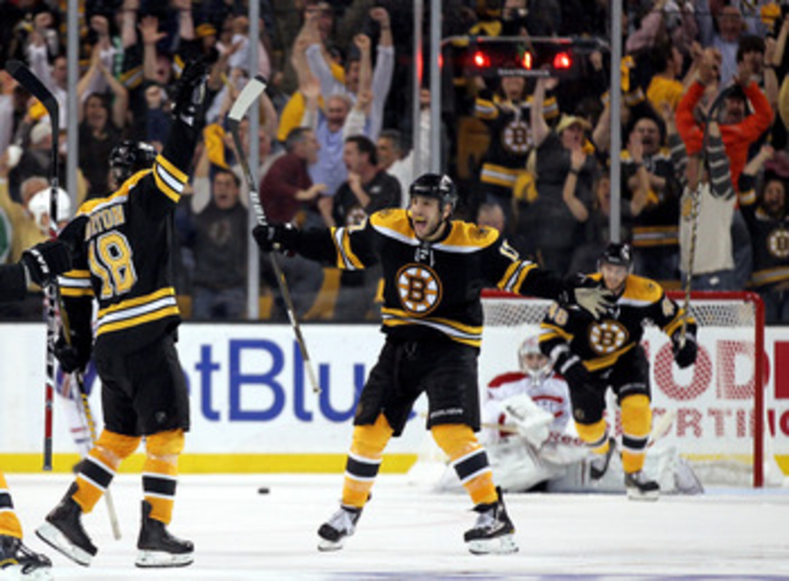 BOSTON, MA - APRIL 27: Nathan Horton #18 of the Boston Bruins celebrates with Milan Lucic #17 after Horton scored the winning goal in overtime against the Montreal Canadiens in Game Seven of the Eastern Conference Quarterfinals during the 2011 NHL Stanley BOSTON, MA - APRIL 27: Nathan Horton #18 of the Boston Bruins celebrates with Milan Lucic #17 after Horton scored the winning goal in overtime against the Montreal Canadiens in Game Seven of the Eastern Conference Quarterfinals during the 2011 NHL Stanley