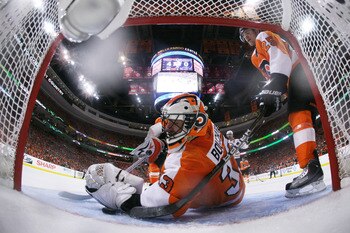PHILADELPHIA, PA - APRIL 26:  Brian Boucher #33 of the Philadelphia Flyers fails to block a third period goal by Tyler Myers #57 of the Buffalo Sabres in Game Seven of the Eastern Conference Quarterfinals during the 2011 NHL Stanley Cup Playoffs at Wells 