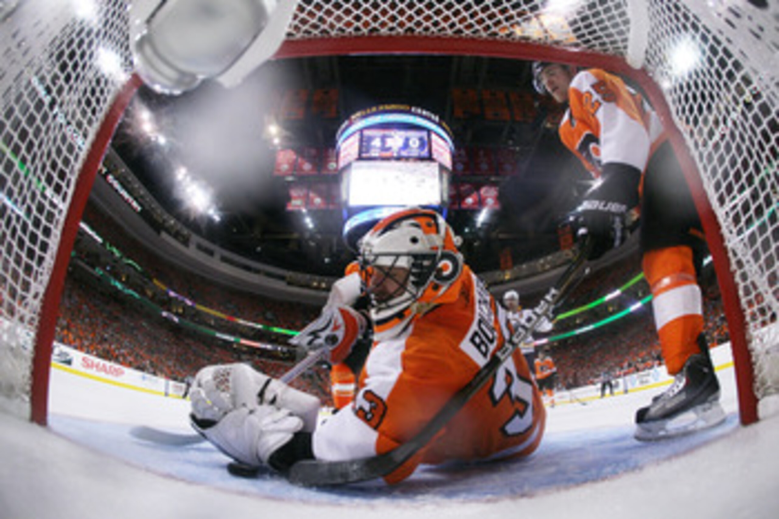 PHILADELPHIA, PA - APRIL 26: Brian Boucher #33 of the Philadelphia Flyers fails to block a third period goal by Tyler Myers #57 of the Buffalo Sabres in Game Seven of the Eastern Conference Quarterfinals during the 2011 NHL Stanley Cup Playoffs at Wells PHILADELPHIA, PA - APRIL 26: Brian Boucher #33 of the Philadelphia Flyers fails to block a third period goal by Tyler Myers #57 of the Buffalo Sabres in Game Seven of the Eastern Conference Quarterfinals during the 2011 NHL Stanley Cup Playoffs at Wells