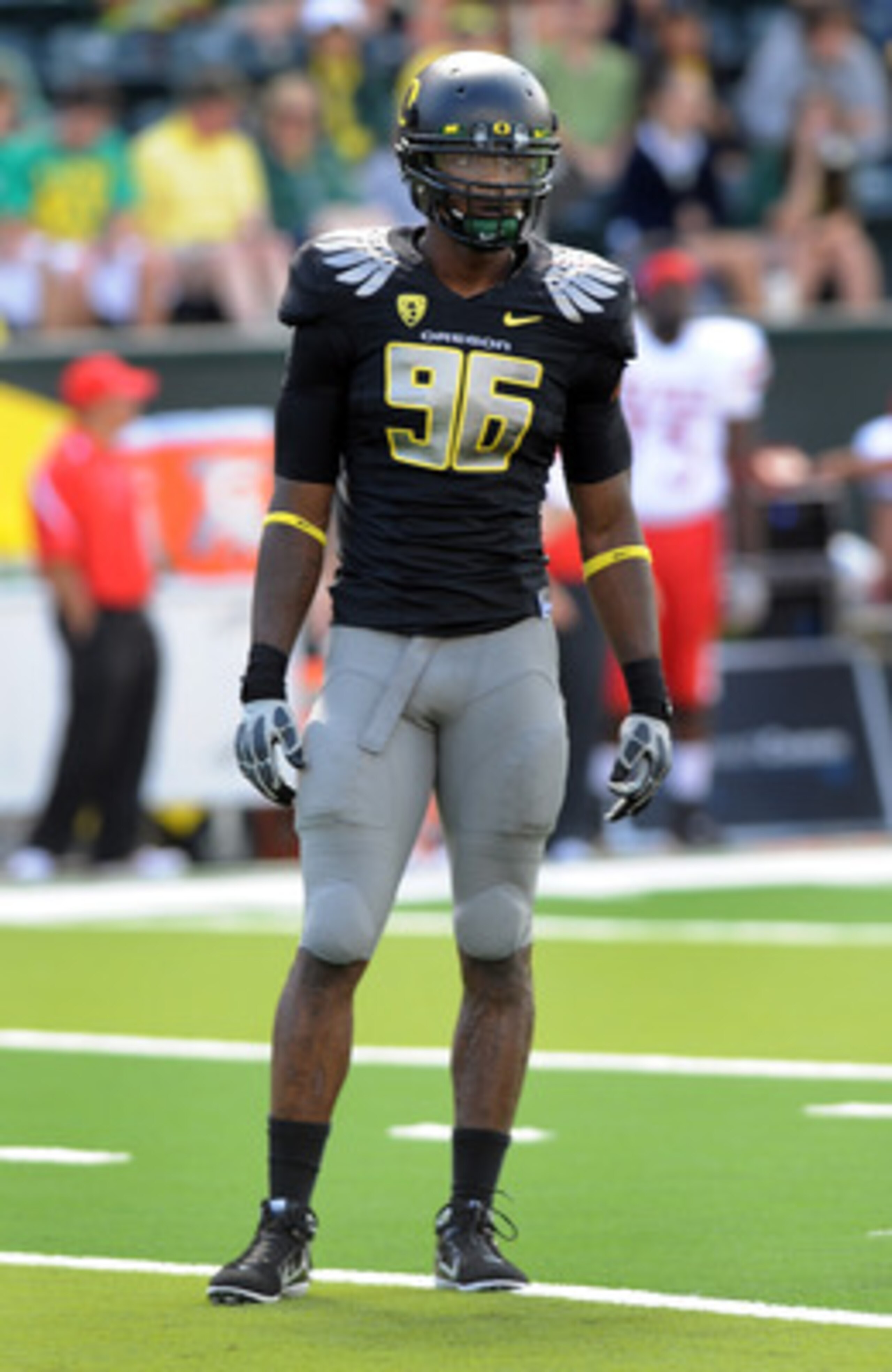 EUGENE, OR - SEPTEMBER 04:  Defensive end Dion Jordan #96 of the Oregon Ducks gets set at the line of scrimmage in the second quarter of the game against the New Mexico Lobos at Autzen Stadium on September 4, 2010 in Eugene, Oregon. Oregon won the game 72