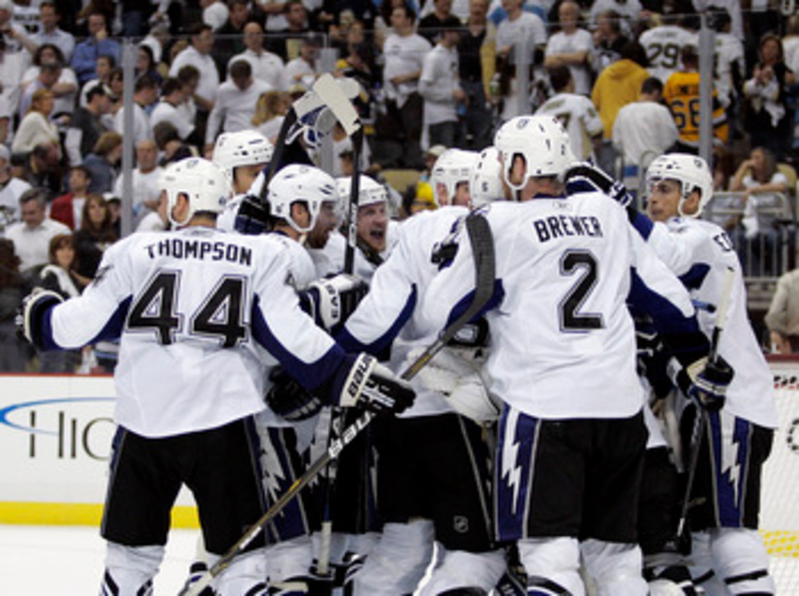 PITTSBURGH, PA - APRIL 27: Steven Stamkos #91 of the Tampa Bay Lightning (center) celebrates the win with teammates over the Pittsburgh Penguins after Game Seven of the Eastern Conference Quarterfinals during the 2011 NHL Stanley Cup Playoffs at Consol E PITTSBURGH, PA - APRIL 27: Steven Stamkos #91 of the Tampa Bay Lightning (center) celebrates the win with teammates over the Pittsburgh Penguins after Game Seven of the Eastern Conference Quarterfinals during the 2011 NHL Stanley Cup Playoffs at Consol E