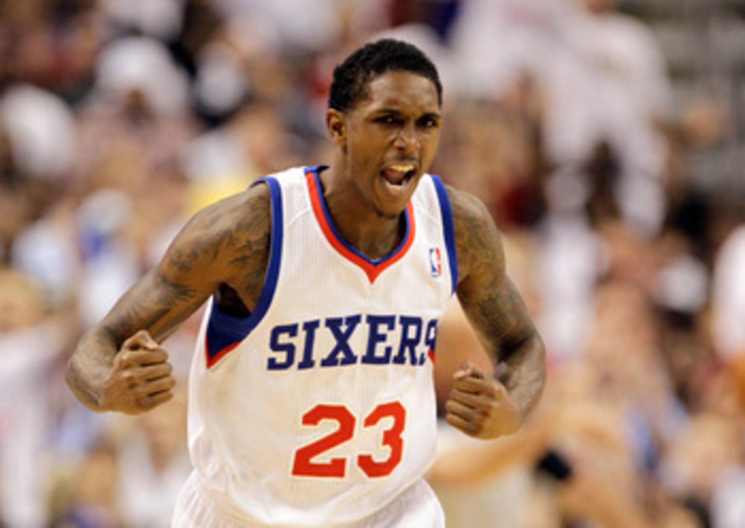 PHILADELPHIA, PA - APRIL 21: Lou Williams #23 of the Philadelphia 76ers reacts after scoring against the Miami Heat during the first half of game three of the Eastern Conference Quarterfinals at Wells Fargo Center on April 21, 2011 in Philadelphia, Pennsy