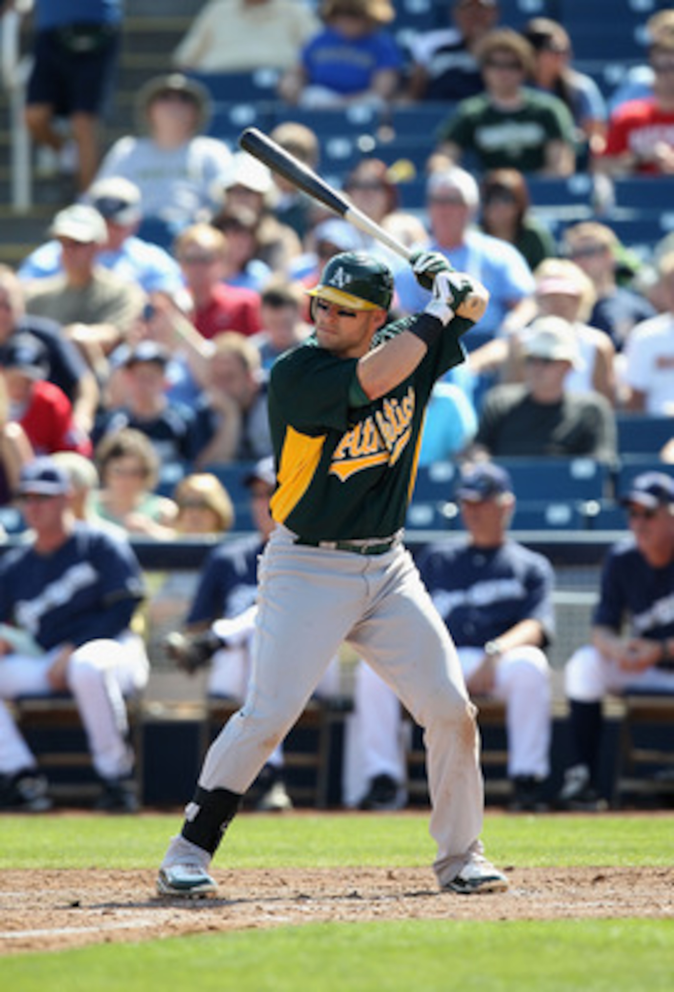 PHOENIX, AZ - MARCH 03: Daric Barton #10 of the Oakland Athletics bats against the Milwaukee Brewers during the spring training game at Maryvale Baseball Park on March 3, 2011 in Phoenix, Arizona. (Photo by Christian Petersen/Getty Images) PHOENIX, AZ - MARCH 03: Daric Barton #10 of the Oakland Athletics bats against the Milwaukee Brewers during the spring training game at Maryvale Baseball Park on March 3, 2011 in Phoenix, Arizona. (Photo by Christian Petersen/Getty Images)