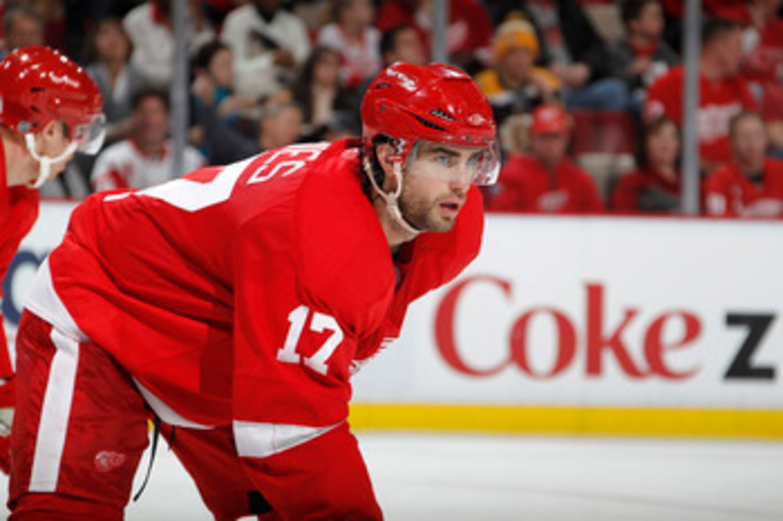 DETROIT, MI - FEBRUARY 13:  Patrick Eaves #17 of the Detroit Red Wings skates against the Boston Bruins on February 13, 2011 in Detroit, Michigan.  (Photo by Gregory Shamus/Getty Images)