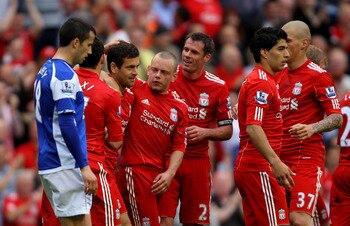 LIVERPOOL, ENGLAND - APRIL 23:  Joe Cole of Liverpool celebrates scoring his team's fifth goal with his team mates during the Barclays Premier League match between Liverpool and Birmingham City at Anfield on April 23, 2011 in Liverpool, England.  (Photo b