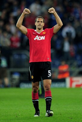 GELSENKIRCHEN, GERMANY - APRIL 26:  Rio Ferdinand of Manchester United celebrates at the end of the UEFA Champions League Semi Final first leg match between FC Schalke 04 and Manchester United at Veltins Arena on April 26, 2011 in Gelsenkirchen, Germany. 