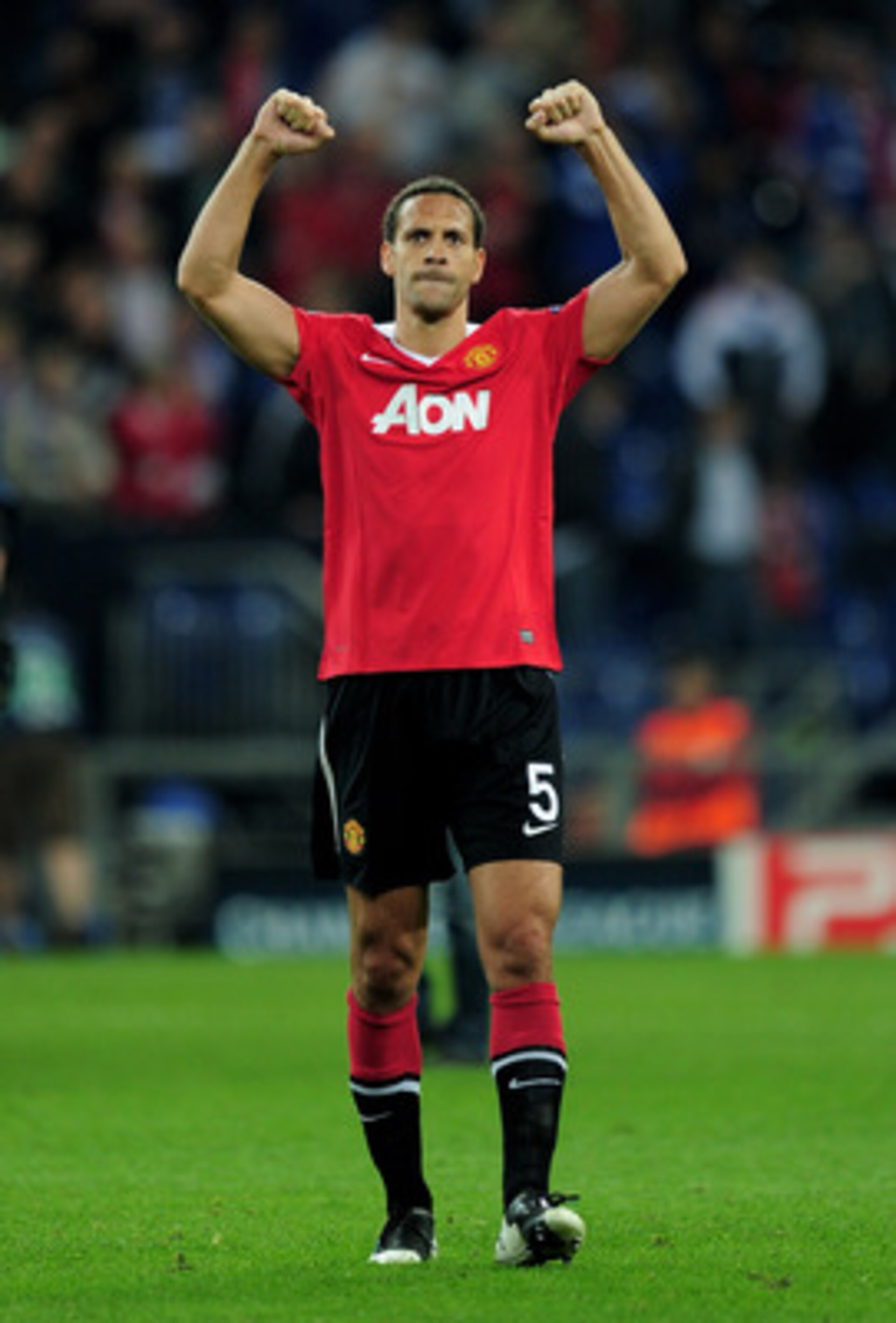 GELSENKIRCHEN, GERMANY - APRIL 26:  Rio Ferdinand of Manchester United celebrates at the end of the UEFA Champions League Semi Final first leg match between FC Schalke 04 and Manchester United at Veltins Arena on April 26, 2011 in Gelsenkirchen, Germany. 