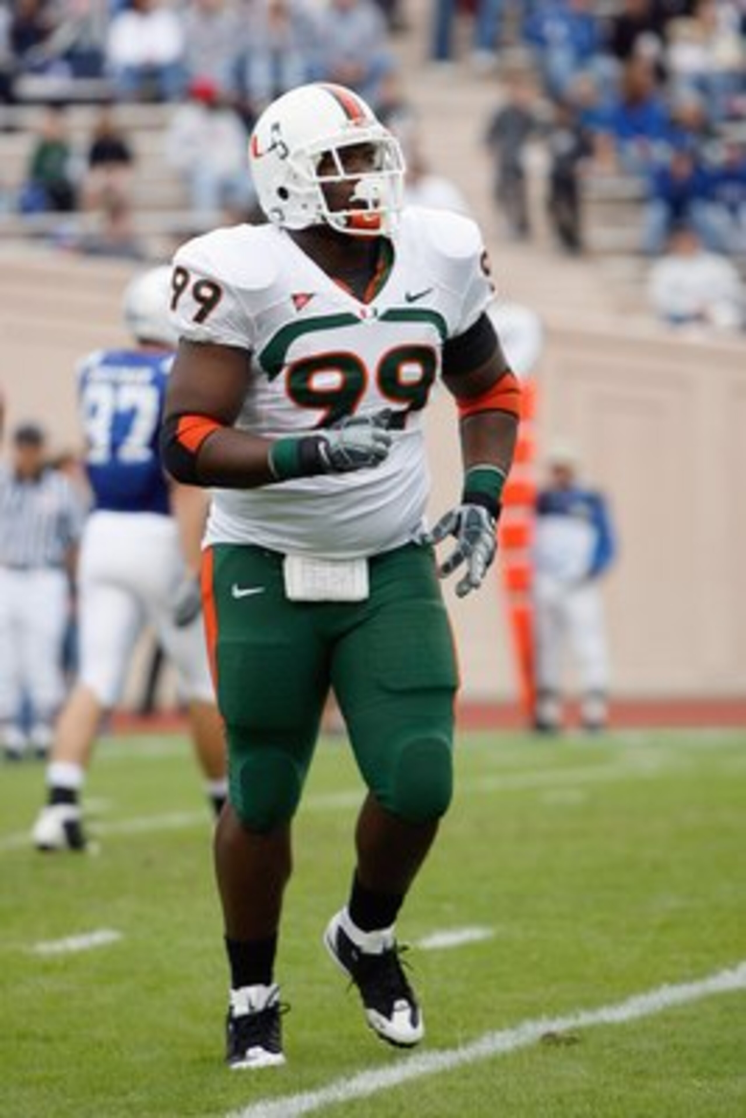 DURHAM, NC - OCTOBER 18:  Marcus Forston #99 of the Miami Hurricanes jogs off the field during the game against the Duke Blue Devils at Wallace Wade Stadium on October 18, 2008 in Durham, North Carolina.  (Photo by Kevin C. Cox/Getty Images)