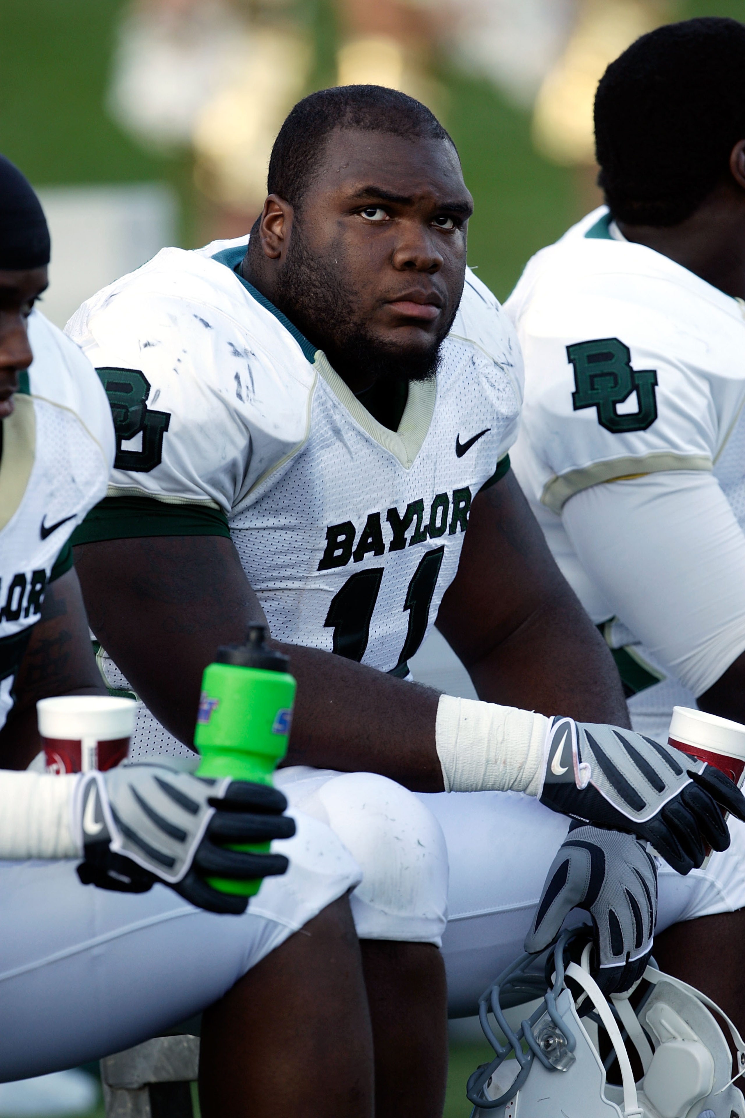 COLUMBIA, MO - NOVEMBER 07:  Defensive tackle Phil Taylor #11 of the Baylor Bears watches from the bench during the game against the Missouri Tigers at Faurot Field at Memorial Stadium on November 7, 2009 in Columbia, Missouri.  (Photo by Jamie Squire/Get