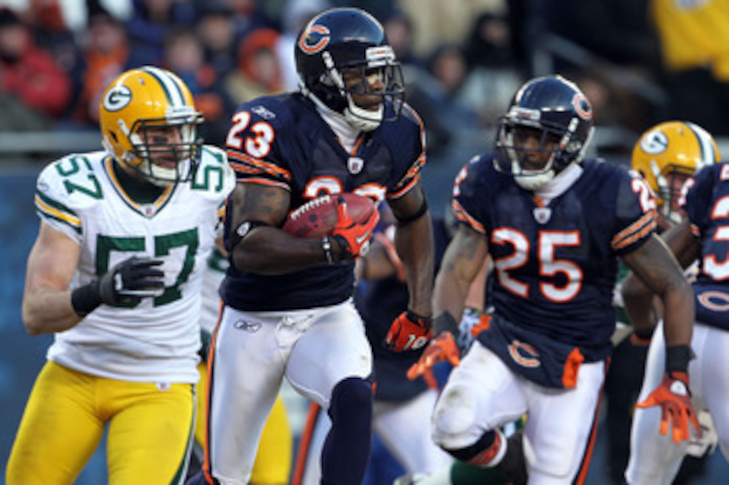 CHICAGO, IL - JANUARY 23:  Devin Hester #23 of the Chicago Bears returns a kick against the Green Bay Packers in the NFC Championship Game at Soldier Field on January 23, 2011 in Chicago, Illinois.  (Photo by Jamie Squire/Getty Images)