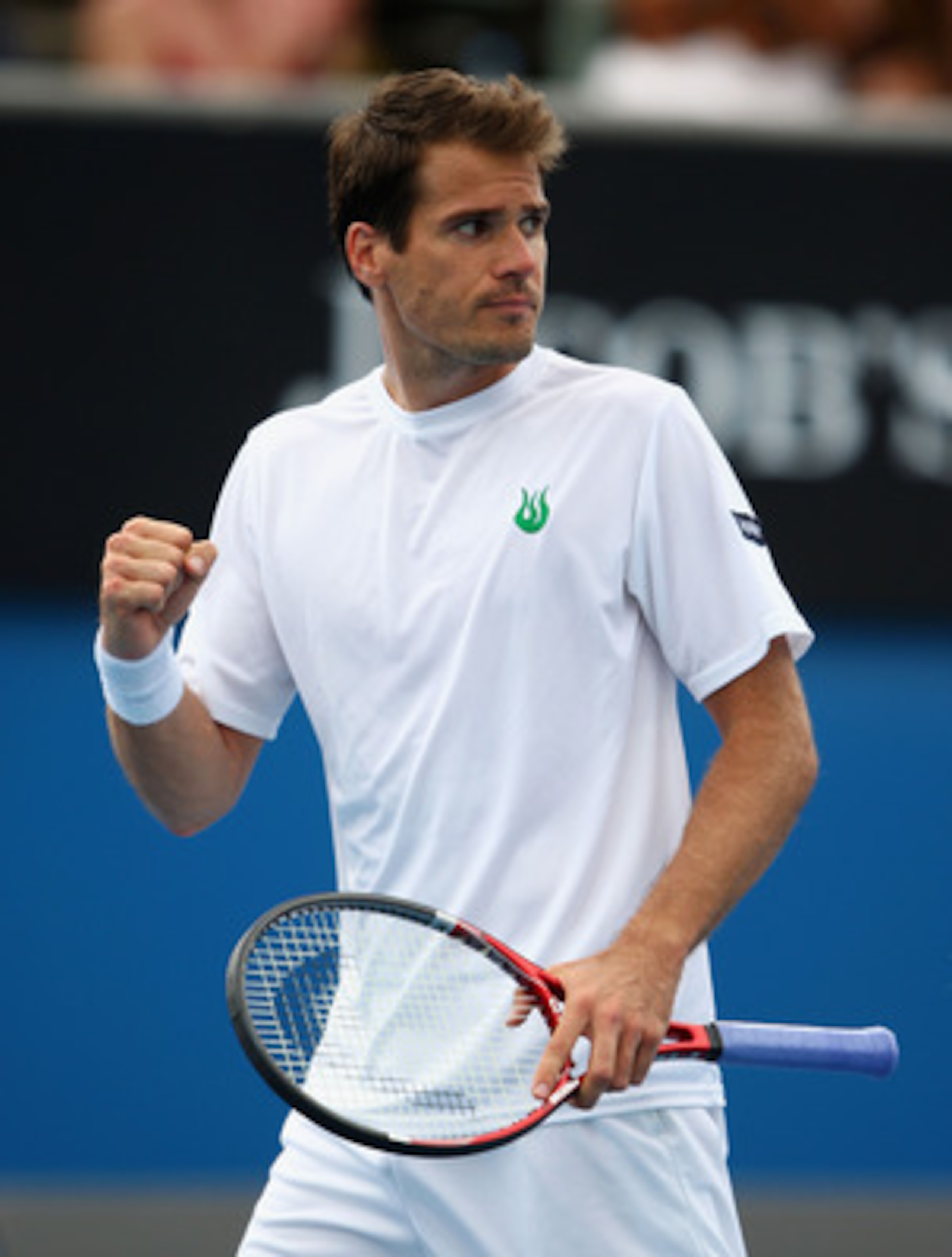 MELBOURNE, AUSTRALIA - JANUARY 21:  Tommy Haas of Germany celebrates winning a point in his second round match against Janko Tipsarevic of Serbia during day four of the 2010 Australian Open at Melbourne Park on January 21, 2010 in Melbourne, Australia.  (