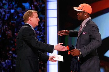 NEW YORK, NY - APRIL 28:  NFL Commissioner Roger Goodell greets Von Miller, #2 overall pick by the Denver Broncos, during the 2011 NFL Draft at Radio City Music Hall on April 28, 2011 in New York City.  (Photo by Chris Trotman/Getty Images)
