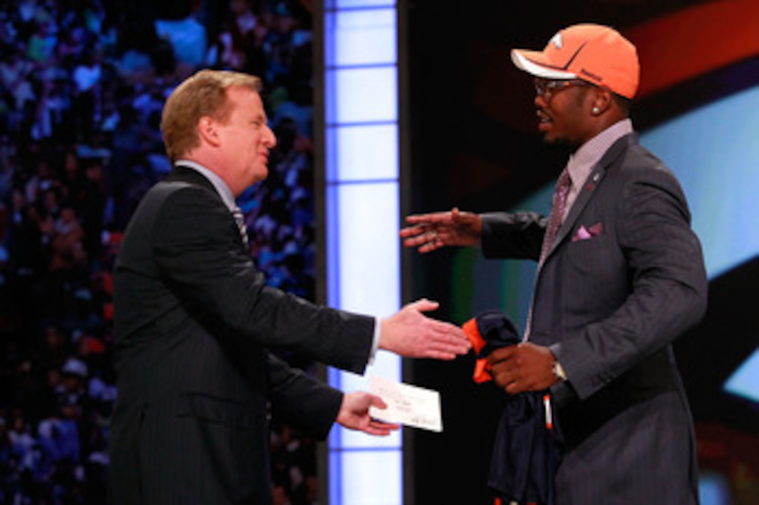 NEW YORK, NY - APRIL 28: NFL Commissioner Roger Goodell greets Von Miller, #2 overall pick by the Denver Broncos, during the 2011 NFL Draft at Radio City Music Hall on April 28, 2011 in New York City. (Photo by Chris Trotman/Getty Images) NEW YORK, NY - APRIL 28: NFL Commissioner Roger Goodell greets Von Miller, #2 overall pick by the Denver Broncos, during the 2011 NFL Draft at Radio City Music Hall on April 28, 2011 in New York City. (Photo by Chris Trotman/Getty Images)
