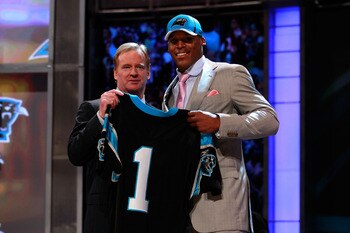 NEW YORK, NY - APRIL 28:  NFL COmmissioner Roger Goodell poses for a photo with Carolina Panthers #1 overall pick Cam Newton from Auburn during the 2011 NFL Draft at Radio City Music Hall on April 28, 2011 in New York City.  (Photo by Chris Trotman/Getty 