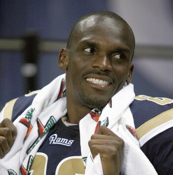 ST. LOUIS - AUGUST 10: Isaac Bruce #80 of the St. Louis Rams smiles on the bench during the preseason game against the Indianapolis Colts at the Edward Jones Dome on August 10, 2006 in St. Louis, Missouri. (Photo by: Dilip Vishwanat/Getty Images)