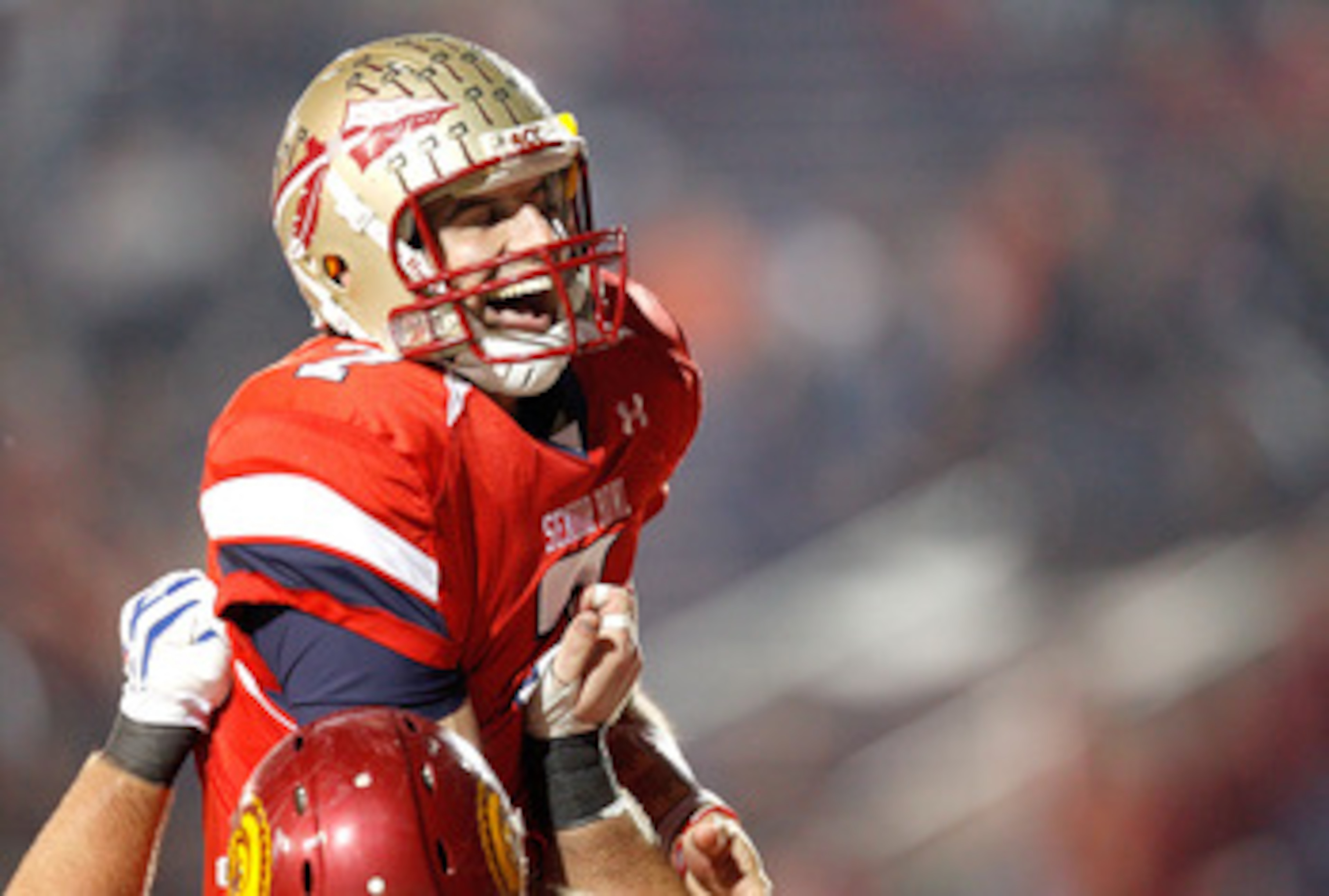 MOBILE, AL - JANUARY 29: Quarterback Christian Ponder #7 of the South Team is hoisted into the air while celebrating after passing for a touchdown to wide receiver Jeremy Kerley #84 against the North Team during the fourth quarter of the Under Armour Se MOBILE, AL - JANUARY 29: Quarterback Christian Ponder #7 of the South Team is hoisted into the air while celebrating after passing for a touchdown to wide receiver Jeremy Kerley #84 against the North Team during the fourth quarter of the Under Armour Se