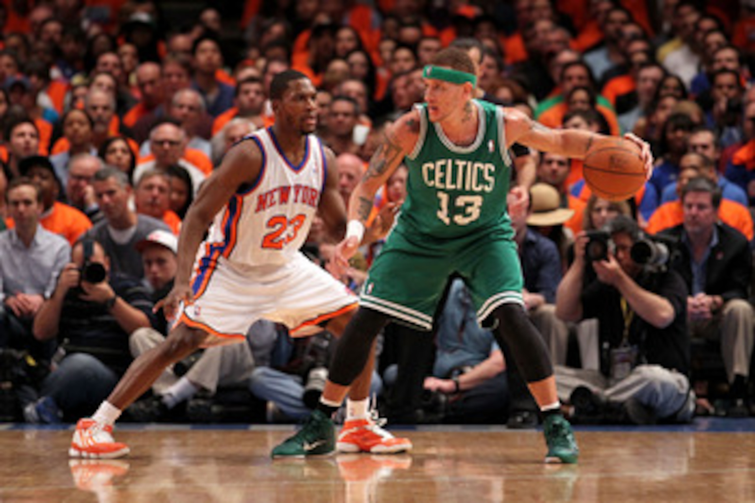 NEW YORK, NY - APRIL 24:  Delonte West #13 of the Boston Celtics looks to pass against Toney Douglas #23 of the New York Knicks in Game Four of the Eastern Conference Quarterfinals during the 2011 NBA Playoffs on April 24, 2011 at Madison Square Garden in
