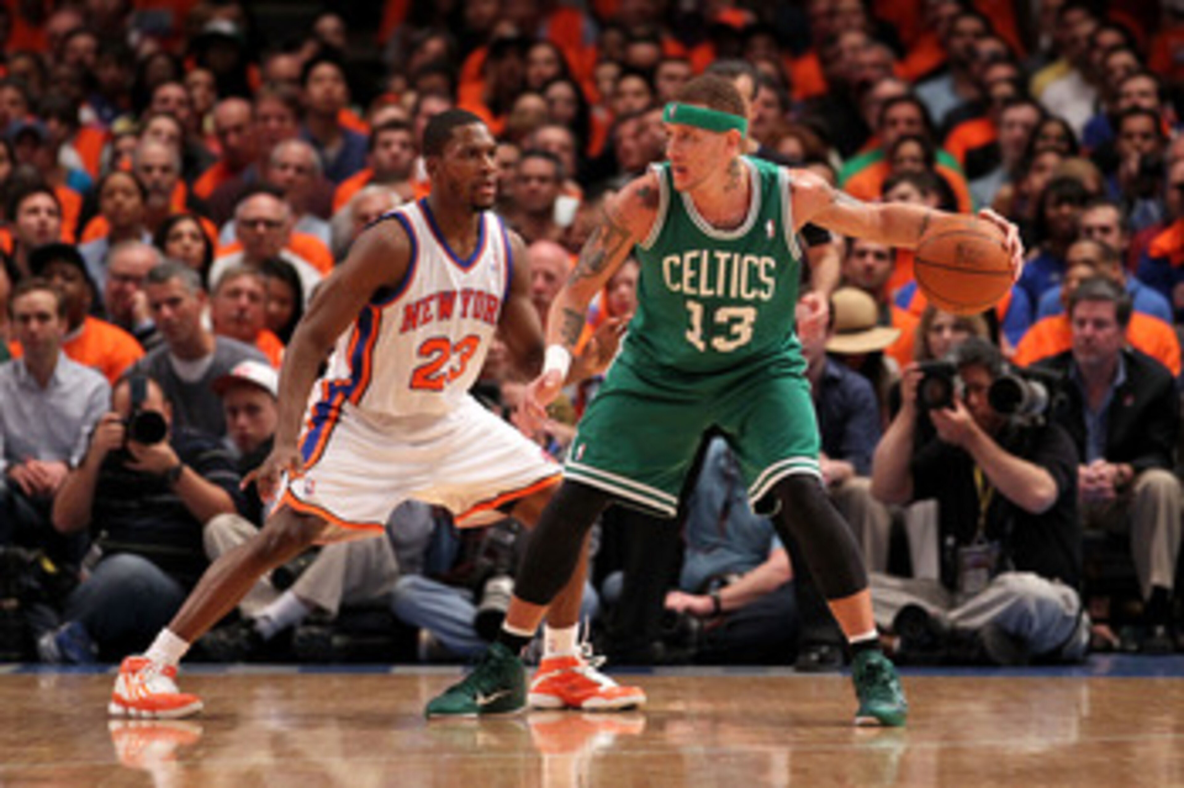 NEW YORK, NY - APRIL 24:  Delonte West #13 of the Boston Celtics looks to pass against Toney Douglas #23 of the New York Knicks in Game Four of the Eastern Conference Quarterfinals during the 2011 NBA Playoffs on April 24, 2011 at Madison Square Garden in