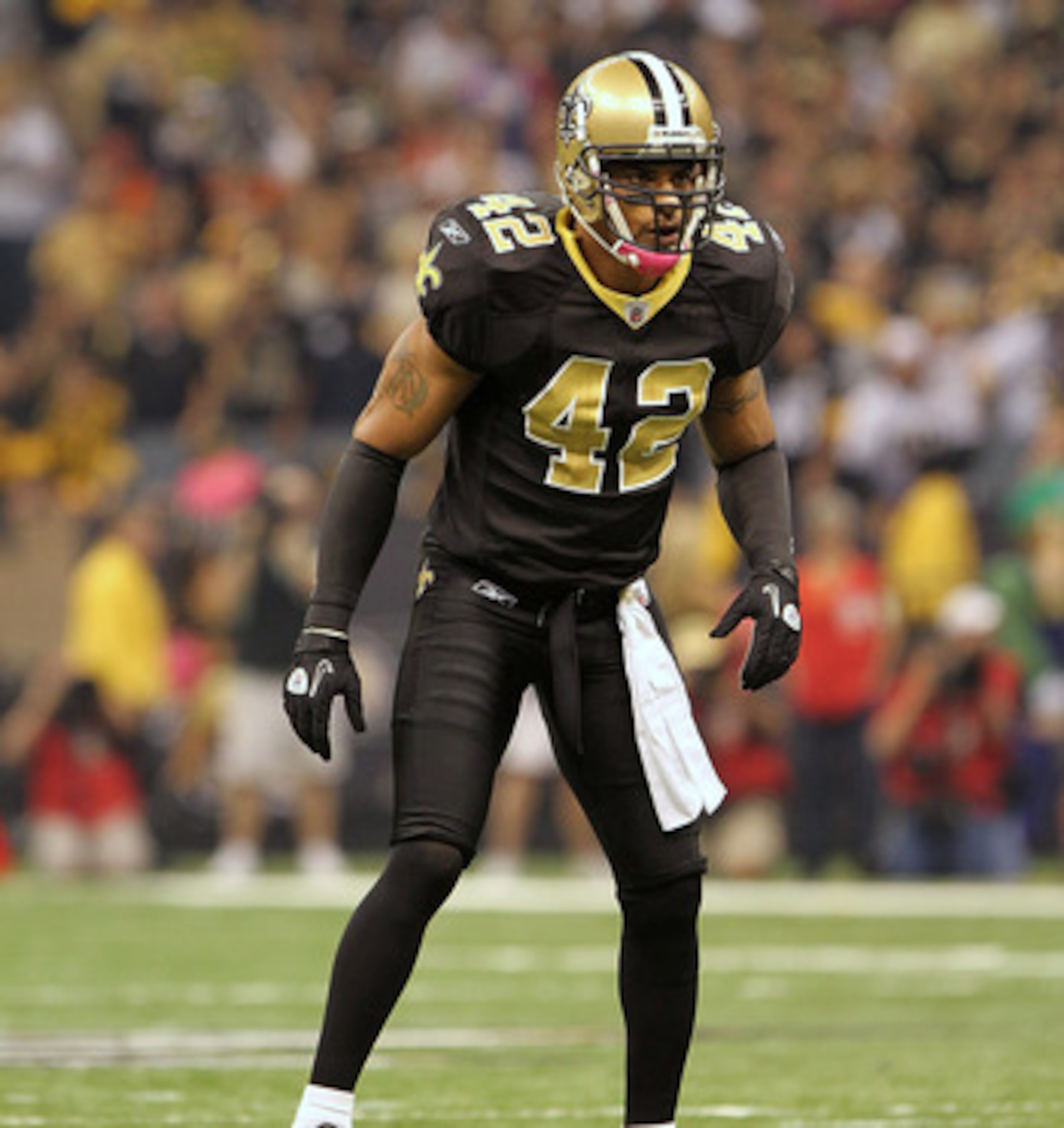 NEW ORLEANS, LA - OCTOBER 31: Darren Sharper #42 of the New Orleans Saints in action during the game against the Pittsburgh Steelers at the Louisiana Superdome on October 31, 2010 in New Orleans, Louisiana. (Photo by Matthew Sharpe/Getty Images)