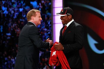 NEW YORK, NY - APRIL 28:  NFL Commissioner Roger Goodell (L) greets Patrick Peterson, #5 overall pick by the Arizona Cardinals, during the 2011 NFL Draft at Radio City Music Hall on April 28, 2011 in New York City.  (Photo by Chris Trotman/Getty Images)