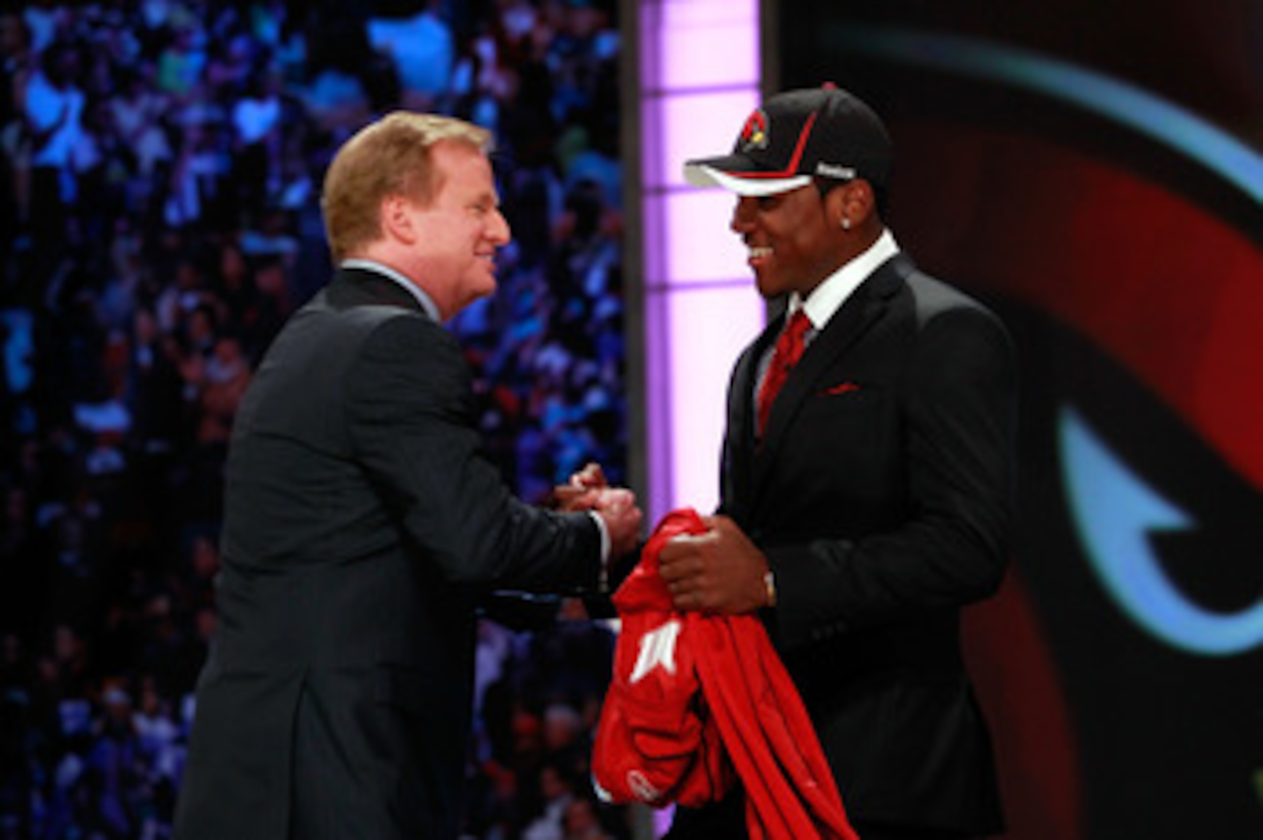 NEW YORK, NY - APRIL 28:  NFL Commissioner Roger Goodell (L) greets Patrick Peterson, #5 overall pick by the Arizona Cardinals, during the 2011 NFL Draft at Radio City Music Hall on April 28, 2011 in New York City.  (Photo by Chris Trotman/Getty Images)