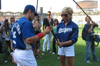 Victoria Beckham visiting with Nomar Garciaparra at Dodger Stadium, 2007 (photo credit Juan Ocampo/LA Dodgers)