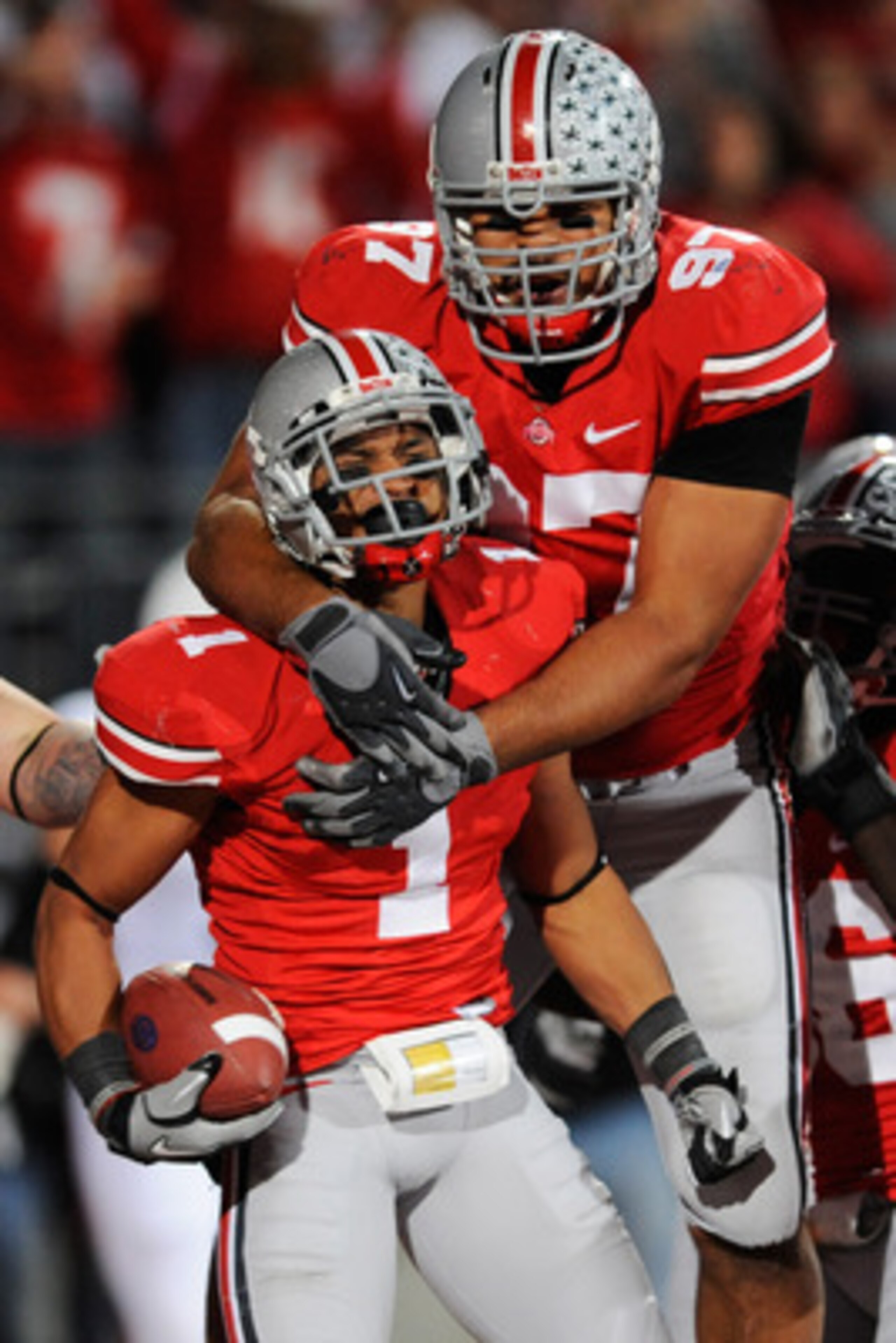 COLUMBUS, OH - NOVEMBER 13: Cameron Heyward #97 of the Ohio State Buckeyes celebrates with Devon Torrence #1 of the Ohio State Buckeyes after Torrence returned an interception 34-yards for a touchdown against the Penn State Nittany Lions at Ohio Stadium COLUMBUS, OH - NOVEMBER 13: Cameron Heyward #97 of the Ohio State Buckeyes celebrates with Devon Torrence #1 of the Ohio State Buckeyes after Torrence returned an interception 34-yards for a touchdown against the Penn State Nittany Lions at Ohio Stadium