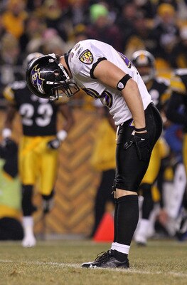 PITTSBURGH, PA - JANUARY 15:  Safety Haruki Nakamura #43 of the Baltimore Ravens bows after sacking quarterback Ben Roethlisberger #7 of the Pittsburgh Steelers in the AFC Divisional Playoff Game at Heinz Field on January 15, 2011 in Pittsburgh, Pennsylva