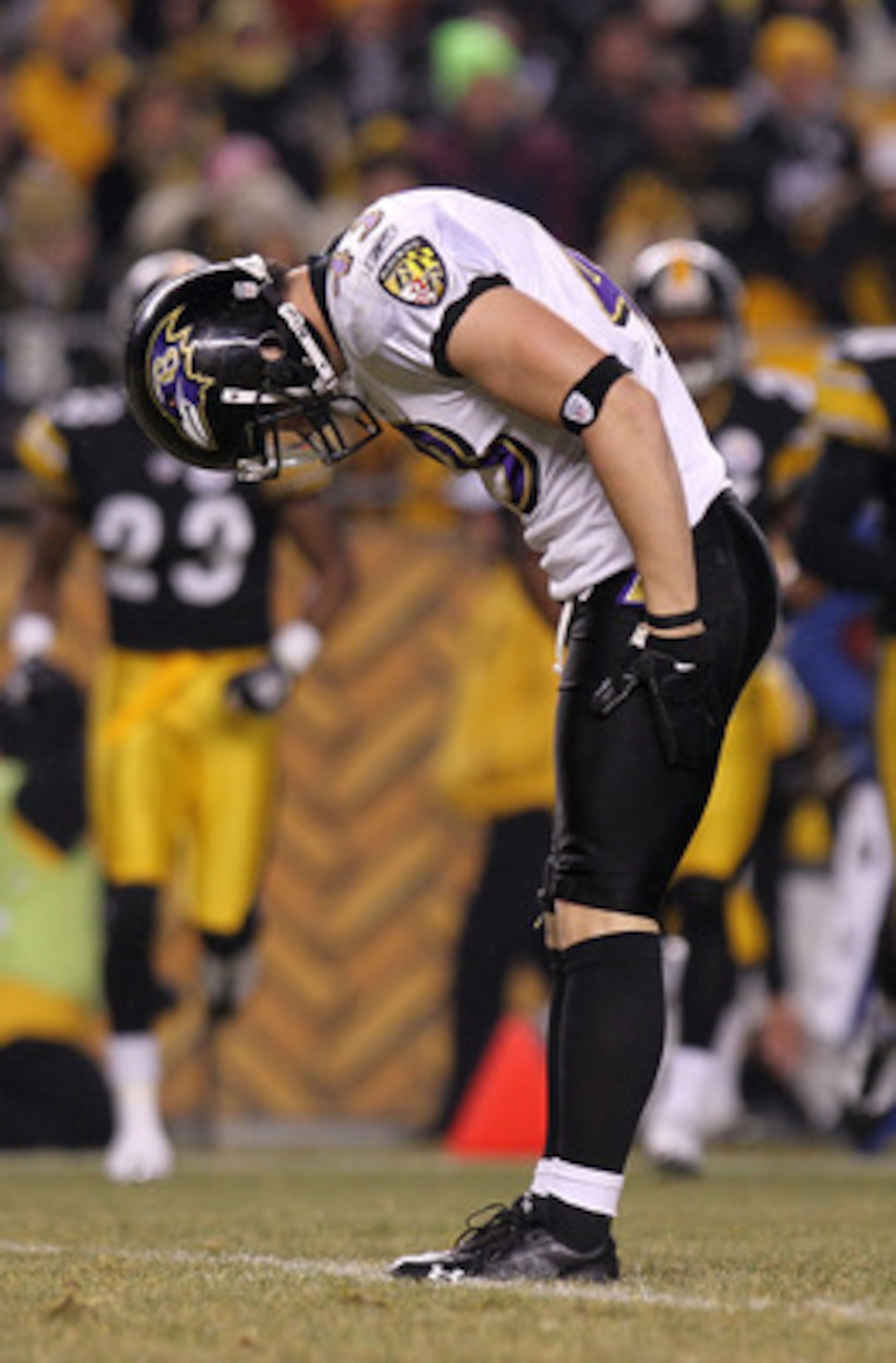 PITTSBURGH, PA - JANUARY 15: Safety Haruki Nakamura #43 of the Baltimore Ravens bows after sacking quarterback Ben Roethlisberger #7 of the Pittsburgh Steelers in the AFC Divisional Playoff Game at Heinz Field on January 15, 2011 in Pittsburgh, Pennsylva PITTSBURGH, PA - JANUARY 15: Safety Haruki Nakamura #43 of the Baltimore Ravens bows after sacking quarterback Ben Roethlisberger #7 of the Pittsburgh Steelers in the AFC Divisional Playoff Game at Heinz Field on January 15, 2011 in Pittsburgh, Pennsylva