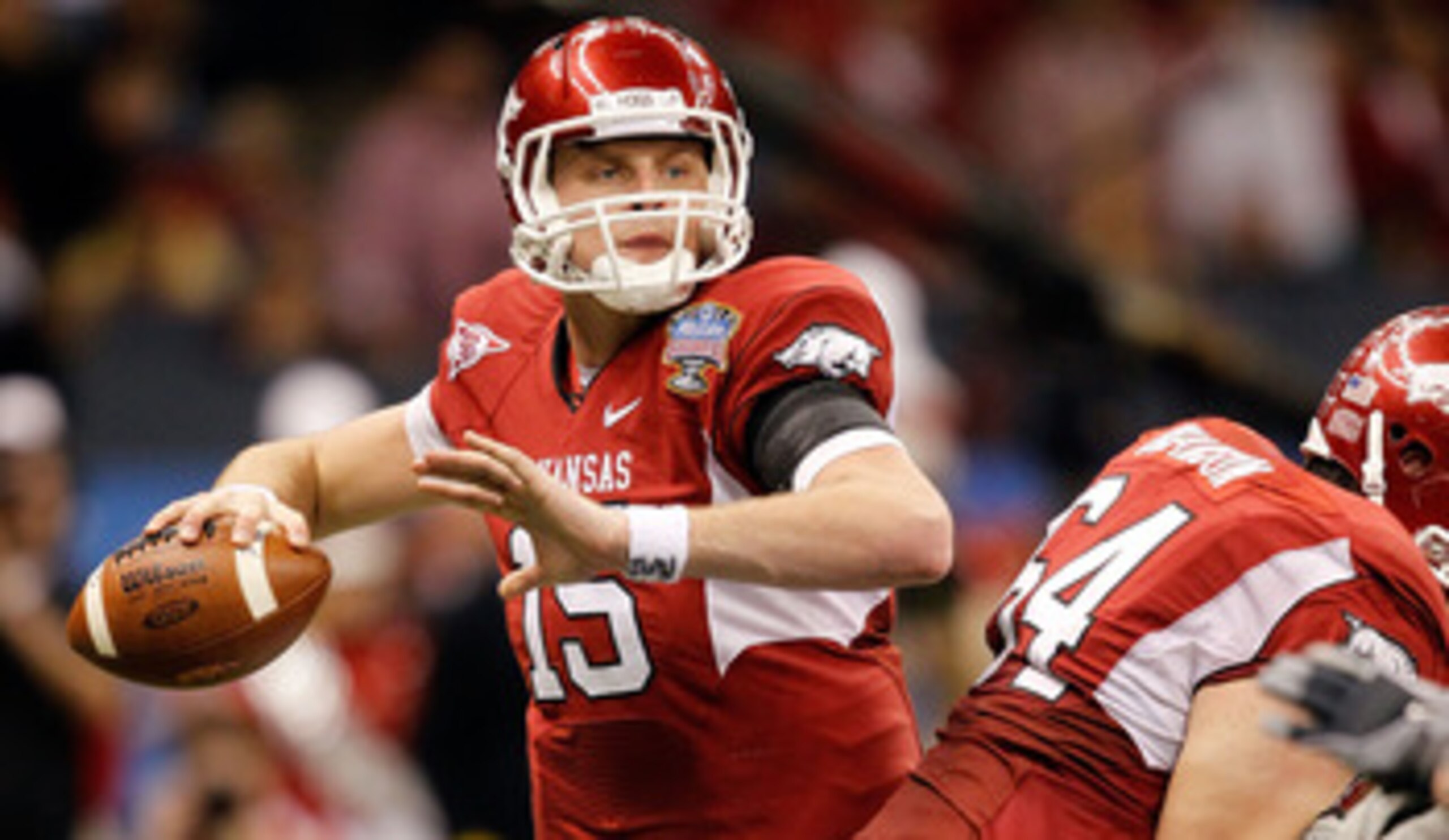NEW ORLEANS, LA - JANUARY 04:  Quarterback Ryan Mallett #15 of the Arkansas Razorbacks looks to pass against the Ohio State Buckeyes during the Allstate Sugar Bowl at the Louisiana Superdome on January 4, 2011 in New Orleans, Louisiana.  (Photo by Matthew