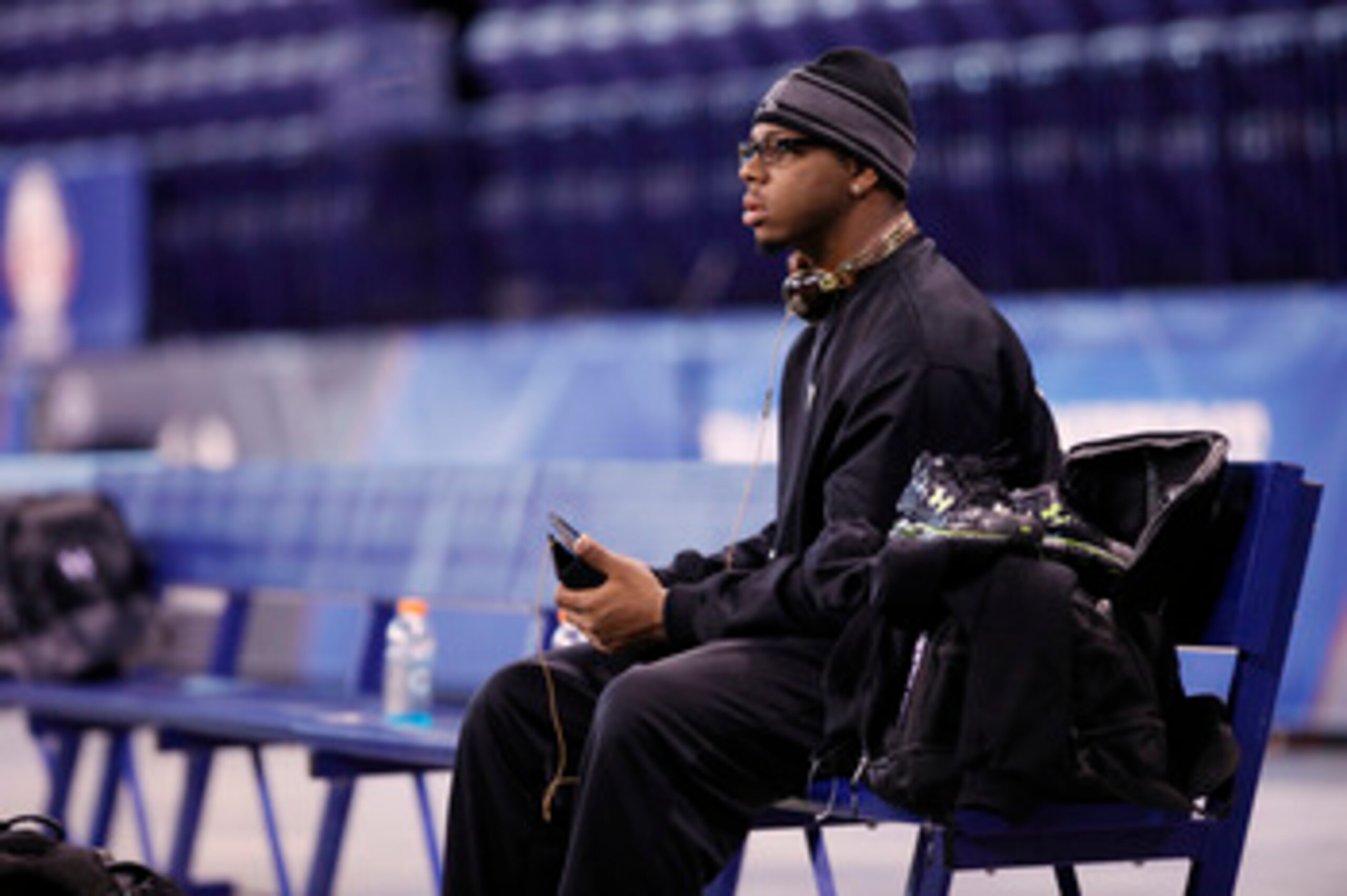 INDIANAPOLIS, IN - FEBRUARY 28:  Defensive lineman Da'Quan Bowers of Clemson sits on the bench during the 2011 NFL Scouting Combine at Lucas Oil Stadium on February 28, 2011 in Indianapolis, Indiana. (Photo by Joe Robbins/Getty Images)