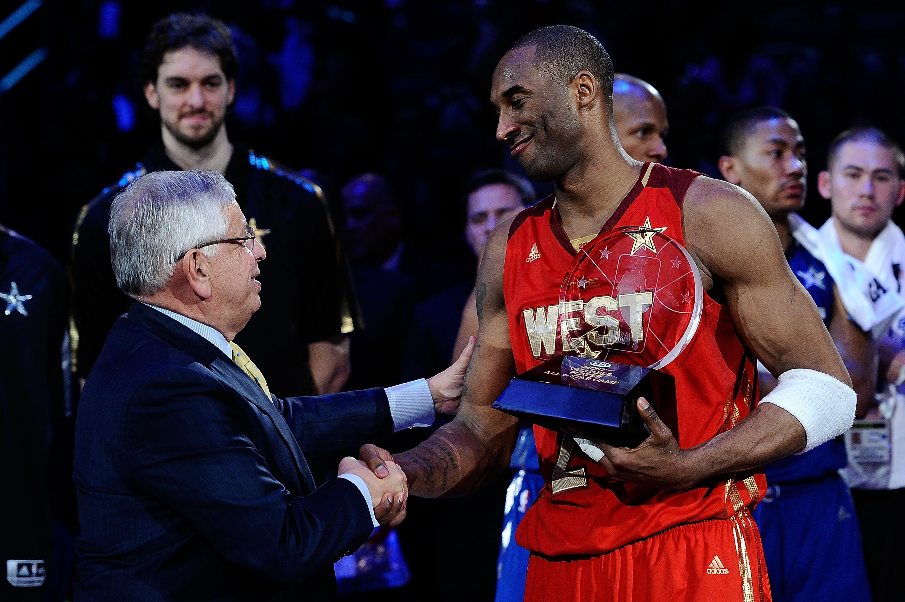 LOS ANGELES, CA - FEBRUARY 20:  Kobe Bryant #24 of the Los Angeles Lakers and the Western Conference shakes hands with NBA Commissioner David Stern after Bryant was named MVP for the fourth time in the 2011 NBA All-Star Game at Staples Center on February