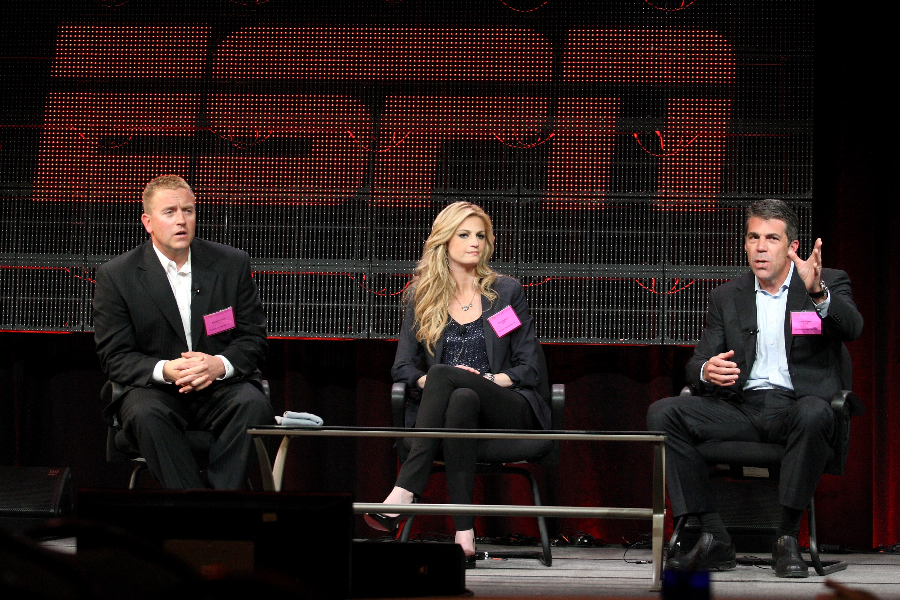 PASADENA, CA - JANUARY 05: (L-R)Broadcasters Kirk Herbstreit, Erin Andrews and Chris Fowler speak onstage during the 'BCS Title Game' panel at the ESPN portion of the 2011 Winter TCA press tour held at the Langham Hotel on January 5, 2011 in Pasadena, Cal