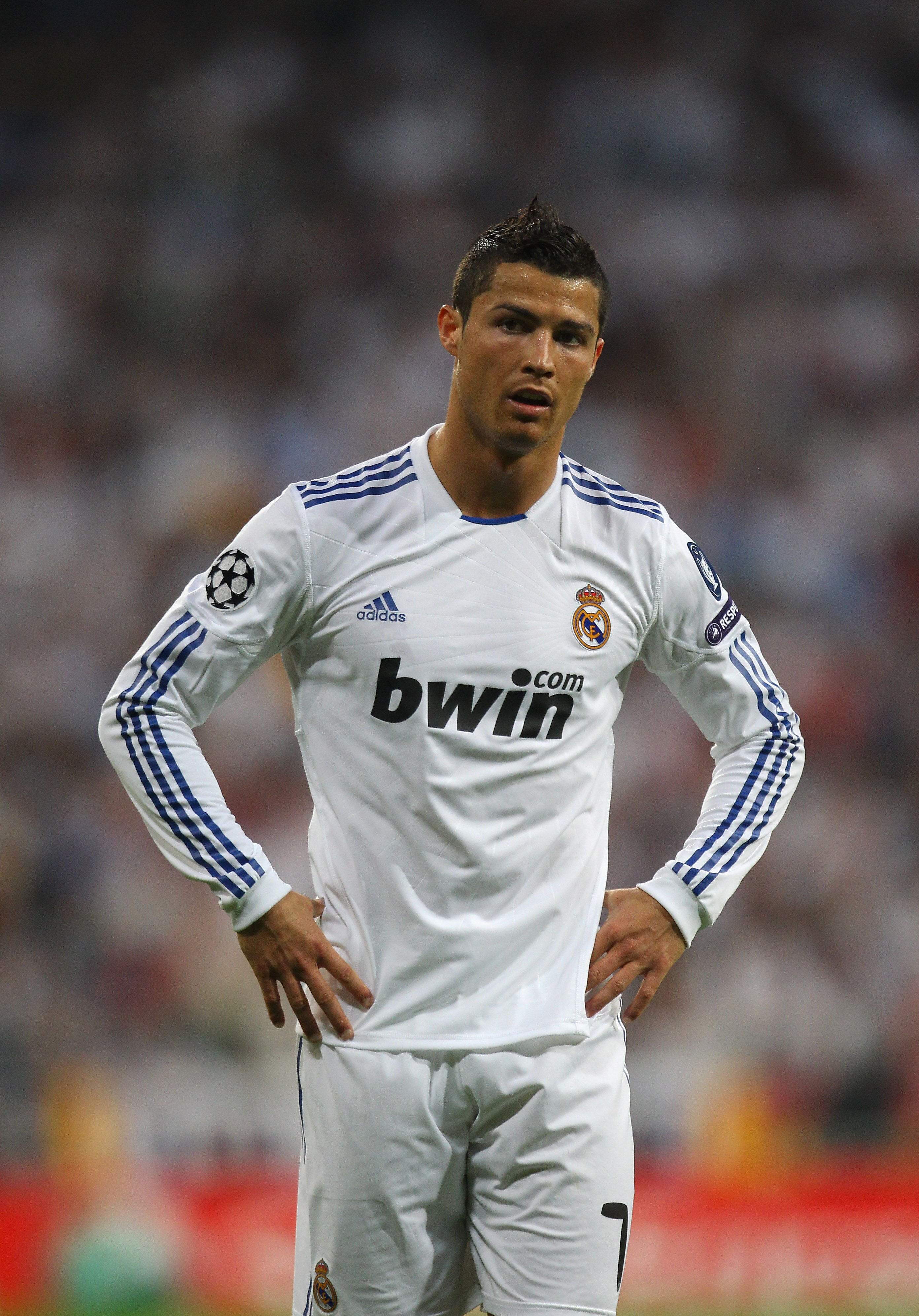 MADRID, SPAIN - APRIL 27:  Cristiano Ronaldo of Real Madrid looks dejected during the UEFA Champions League Semi Final first leg match between Real Madrid and Barcelona at Estadio Santiago Bernabeu on April 27, 2011 in Madrid, Spain.  (Photo by Alex Lives