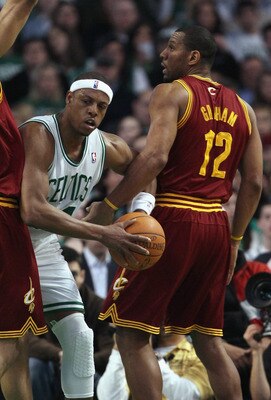 BOSTON, MA - JANUARY 25:  Paul Pierce #34 of the Boston Celtics tries to get through Ryan Hollins #5 and Joey Graham #12 of the of the Cleveland Cavaliers on January 25, 2011 at the TD Garden in Boston, Massachusetts.   NOTE TO USER: User expressly acknow