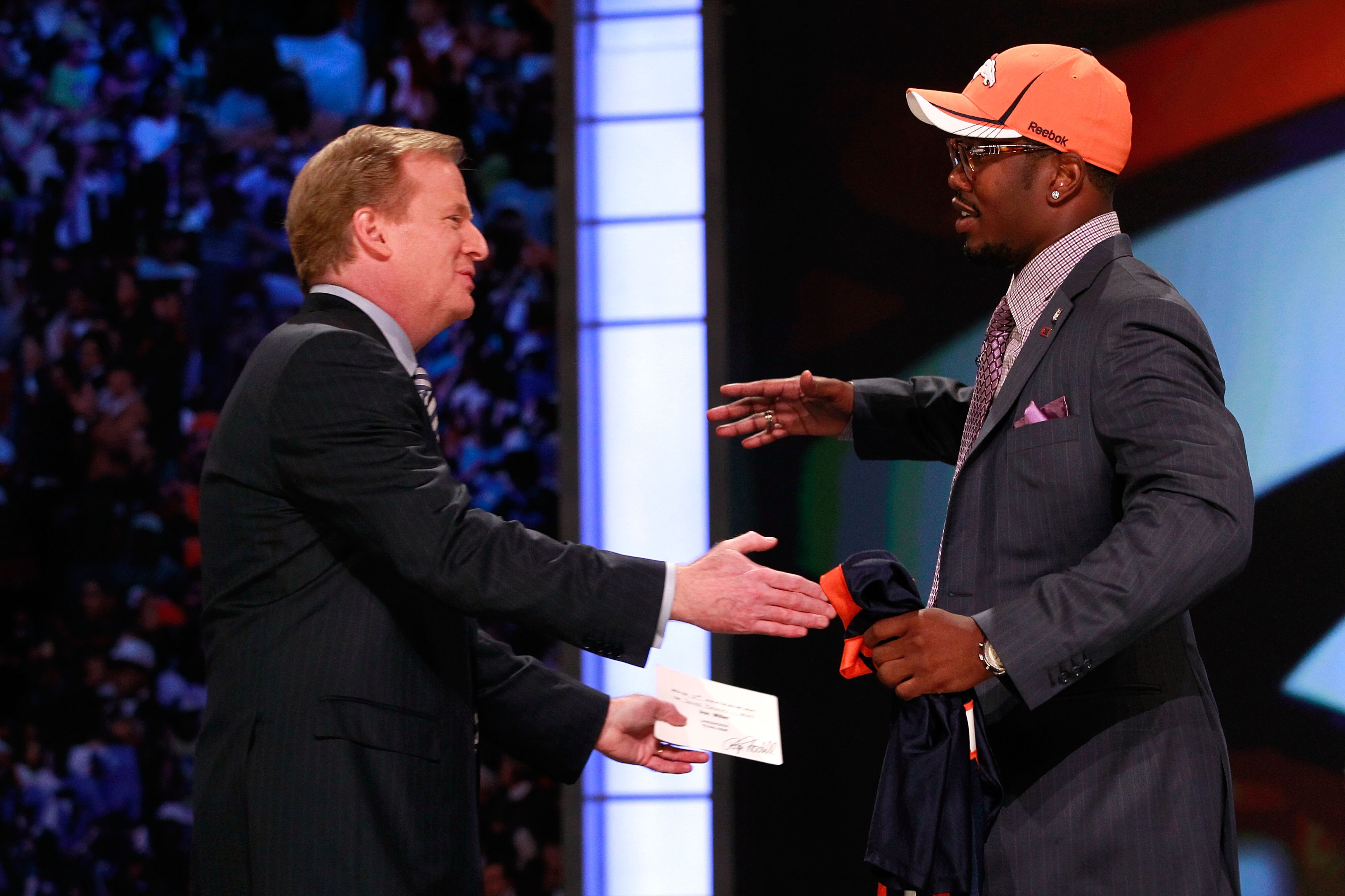 NEW YORK, NY - APRIL 28:  NFL Commissioner Roger Goodell greets Von Miller, #2 overall pick by the Denver Broncos, during the 2011 NFL Draft at Radio City Music Hall on April 28, 2011 in New York City.  (Photo by Chris Trotman/Getty Images)